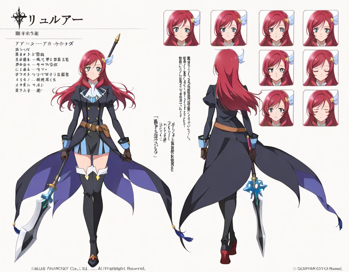 (((Best Quality))) , ((full body, turn around)), female, character profile, multiple expressions, solo, (white background), high-fantasy, holding weapon, gloves, thigh high, (tales of:0.8), (precure:0.8),