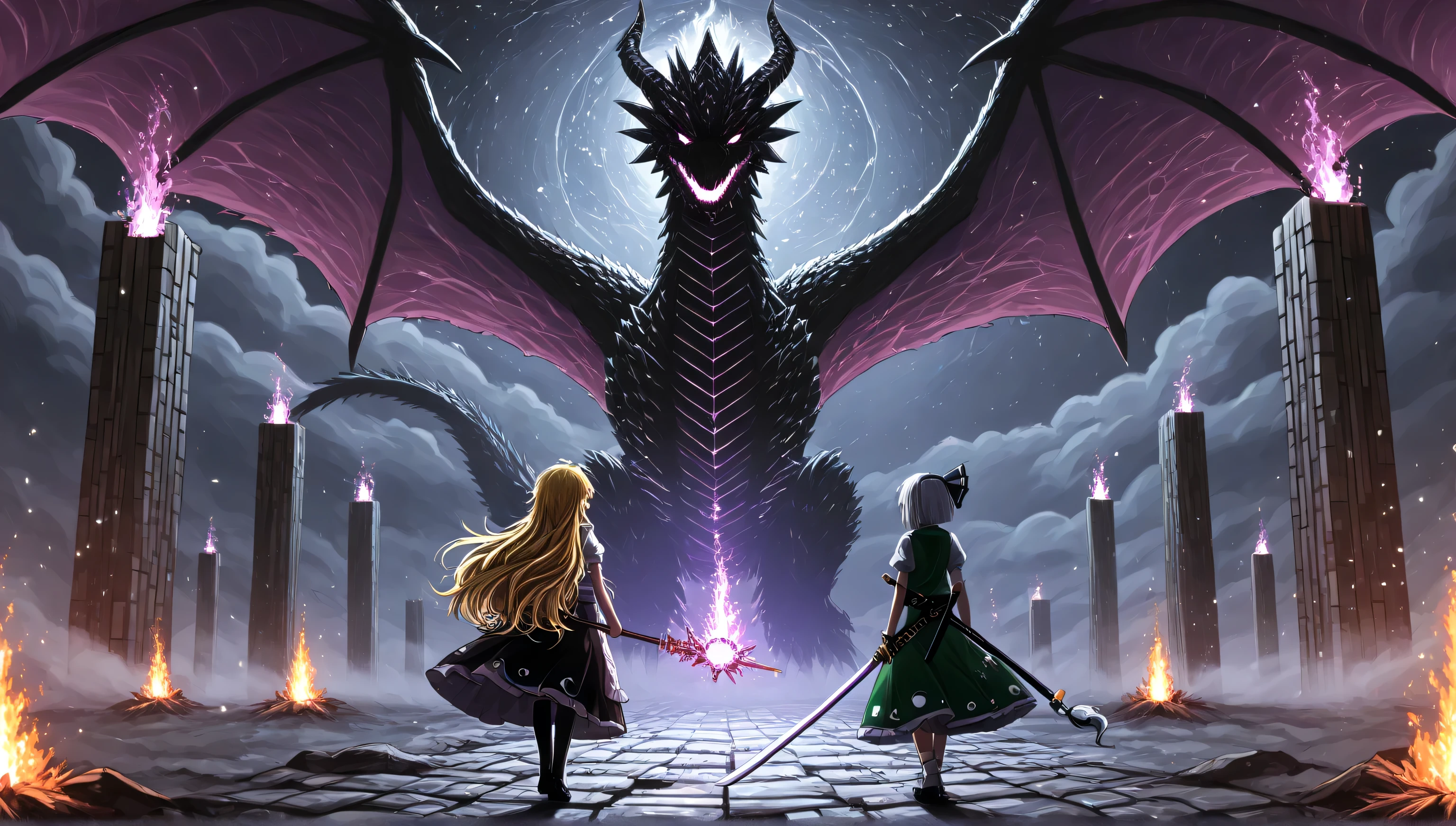 Reinforced , Equip the female character in the lower left corner with wizard staff, equip the female character in the lower right corner with only 1 Japanese sword, Japanese sword patterns don't last long , Change the character in the lower right corner to konpaku youmu , make the character in the lower left corner Kirisame Marisa, Make dragons look like Ender Dragons in Minecraft, Change the background and location to look like Minecraft's End, ( anatomically correct, Physically correct),