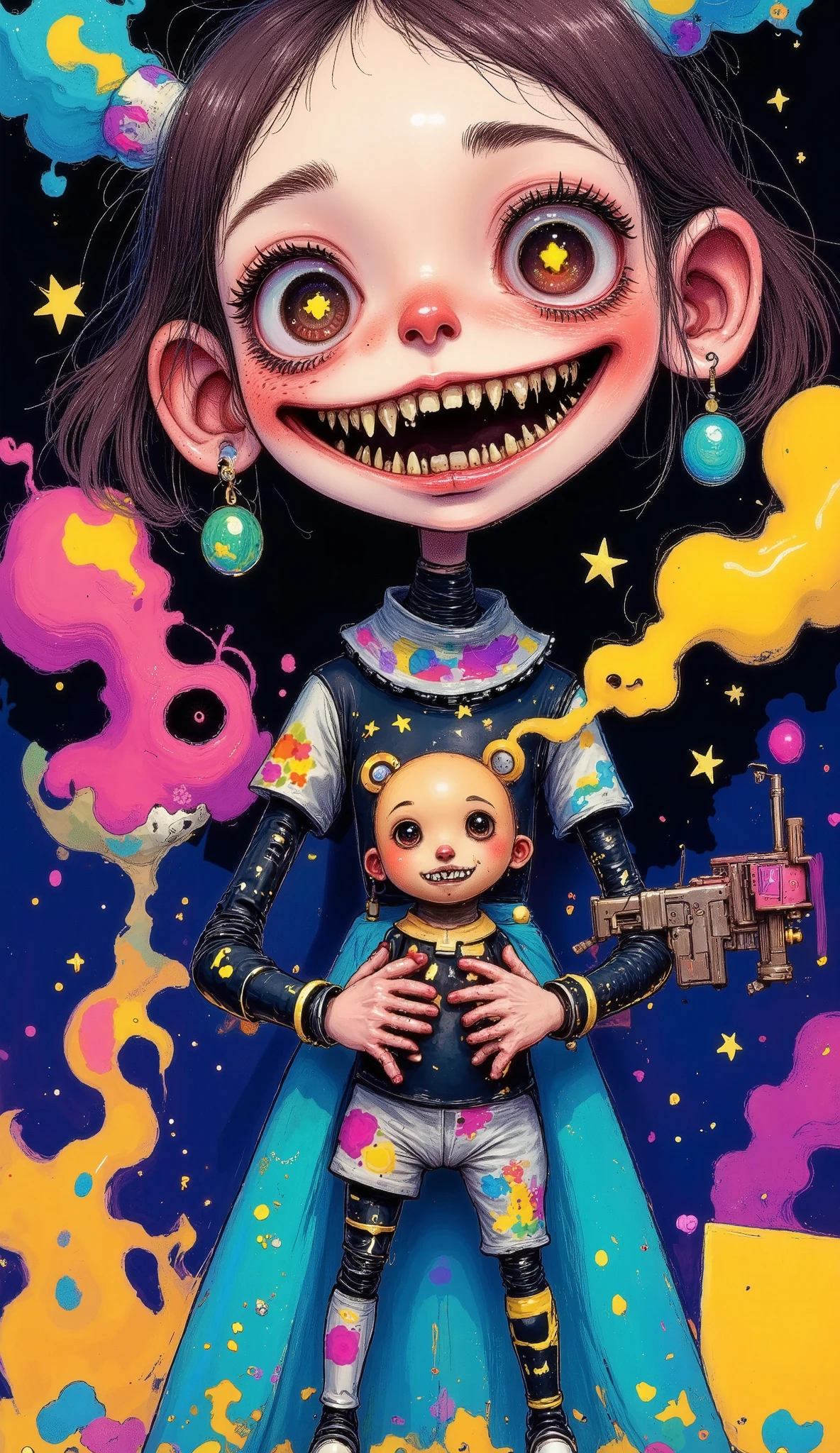 Cute female robot ,  floral print on the body , heavy weapons,  kawaii mood ,  together and bright pink hollows,  holding a teddy bear ,  most recent anime style ,  hyper Detailed,  vibrant colors,  dynamic posture ,  highly detailed face and eyes,  intricate mechanical design , Capricious,  pastel color palette,  photorealistic ,  cinematographic lighting ,  soft lighting , Chiaroscuro,  cinematographic lighting , Fujicolor, 8K,  masterpiece, U High definition, Retina,  masterpiece,  Precise,   Anatomically correct ,   makeup,  super detail ,  Detailed pants,  high quality, awarded,  envelopes, highres, 1080P,  High definition, 16K