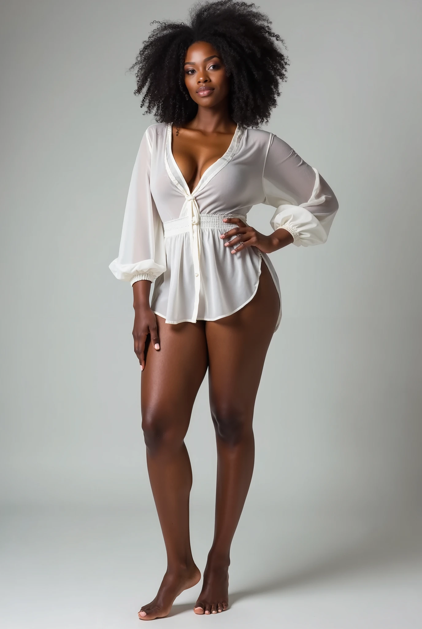 ((masterpiece, best quality)), ((24 year old)), (((Curvy))), ((Black woman with long black curly hair)), pulling up ((white cotton panties)), (white shirt), smiling, (((realistic art style)))