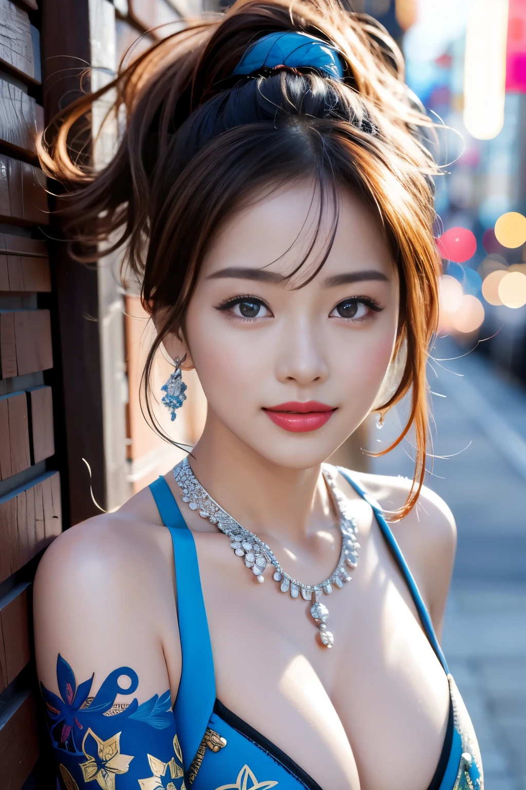 Urban beautiful girl college , masterpiece, (nsfw:1.5)、light makeup, Red lips, Silver Hair, Disheveled long hair, Street background, beautiful, elegant. Extremely fine detail, Master Works, Authentic texture, Realism in film lighting, Perfect job, 16k, High resolution, exquisite features,blue eyes、Japanese Idols、beautiful顔、Cute Smile、Brown Hair、beautiful hair、ponytail、glamorous、 Big Breasts、Erect nipples、Greasy muscles、Shiny skin、Sunburned skin、Glowing dark skin、Wearing a bra top and thong, Bright big eyes, Smooth Skin, Earrings, necklace, tattoo、