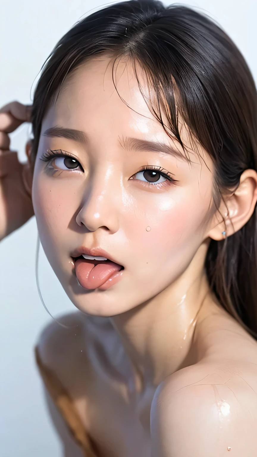 For the whole body、( realistic , photo realistic :1.37) tall and highly detailed facial and skin texture, ( beautiful eyes), tall Highly detailed , make clear eye contact, Nose and mouth, focus on face , woman opening her mouth and closing her eyes , (( á “ã¼ ã└ ã¼ ã” ))、Age 35, dark-haired、 symmetrical face , realistic nostrils、 angle 、Extended C-shaped nostrils ,,,,,,,,,,,,,,,,,,,,,,,,,,,,,,,,,,,, browsing barefoot be careful , white background、Sweaty skin、 lighting that emphasizes sweaty skin、(( nose hook ))Sweaty, shiny skin、 growing skin 、( wet and shiny tongue )Runny nose only in the upper body,