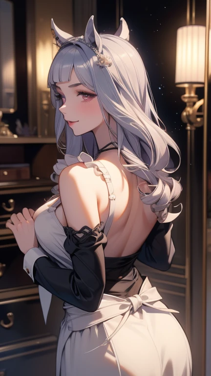 Create an image of a reserved girl with silver hair and cyan eyes, glancing downward with an uncertain expression. Her hair is shoulder-length and slightly curled at the ends, adorned with a delicate tiara. She is dressed in a flowing, ethereal gown, standing in a grand ballroom with chandeliers and marble floors. The camera angle is from behind, capturing her delicate form and the opulent surroundings. Ensure the image is a masterpiece with the best quality, very detailed, and very delicate.