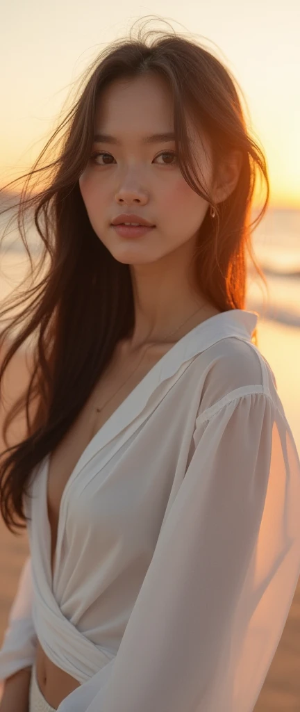 ((Photoreal Stick:1.5, masutepiece:1.5, RAW shooting, 8K)), ((top-quality, ​masterpiece, 超A high resolution)), early morning, sunrises, ((Sunlight coming in from behind:1.7, The sunlight of the morning sun spreads across the screen:1.7)), ((The entire screen appears white and hazy:1.8)), ((The morning sun shines on the woman:1.8)), ((The woman looks dim in the morning sunlight:1.9)), Face Sharp Focus:1.3, Professional camera work:1.3, Highly detailed skin and facial texture:1.3, Grow Light Effect, The ultra-detailliert:1.3, 1girl in, Fair skin, (Sense of clarity:1.4, a small face), Extremely beautiful face:1.5, (Sense of clarityを感じる目:0.9, looking distantly), A smile:1.0, i love you completely:0.8, (Slightly open mouth:0.4, Sense of clarityを感じる口当たり:0.7), 二重まぶた, Dark brown medium hair, necklace and earrings