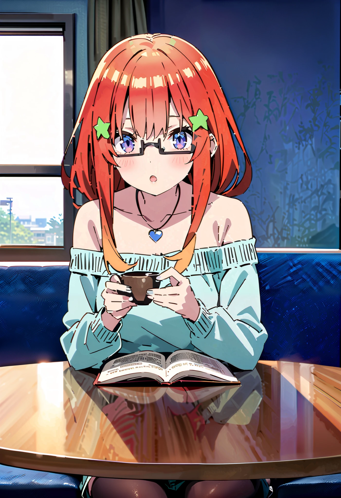 score_9, score_8_ up, score_7_ up, source_Anime, itsukinakano, Nakano Mizuki , bangs, blue eyes, hair between eyes , stupid hair, Red Hair, star \(symbol\), hair ornament, star hair ornament,Glasses, off-shoulder sweater, heart shaped necklace , denim micro shorts , black pantyhose , sitting on the sofa, reading a book,There is a coffee cup on the table, it's raining outside the window ,morning, interior ,whole bodyがイラストに入るように,
break looking at viewer,whole body,
break indoors,bedroom,
break (masterpiece:1.2), best quality , high resolution, Unity 8K Wallpaper , (figure:0.8), ( precise and beautiful eyes:1.6), very detailed face, Perfect Lighting , very precise CG, (perfect hand, perfect anatomy),