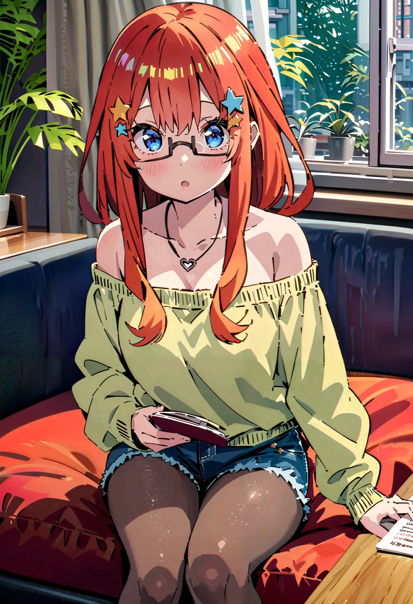 score_9, score_8_ up, score_7_ up, source_Anime, itsukinakano, Nakano Mizuki , bangs, blue eyes, hair between eyes , stupid hair, Red Hair, star \(symbol\), hair ornament, star hair ornament,Glasses, off-shoulder sweater, heart shaped necklace , denim micro shorts , black pantyhose , sitting on the sofa, reading a book,There is a coffee cup on the table, it's raining outside the window ,morning, interior ,whole bodyがイラストに入るように,
break looking at viewer,whole body,
break indoors,bedroom,
break (masterpiece:1.2), best quality , high resolution, Unity 8K Wallpaper , (figure:0.8), ( precise and beautiful eyes:1.6), very detailed face, Perfect Lighting , very precise CG, (perfect hand, perfect anatomy),