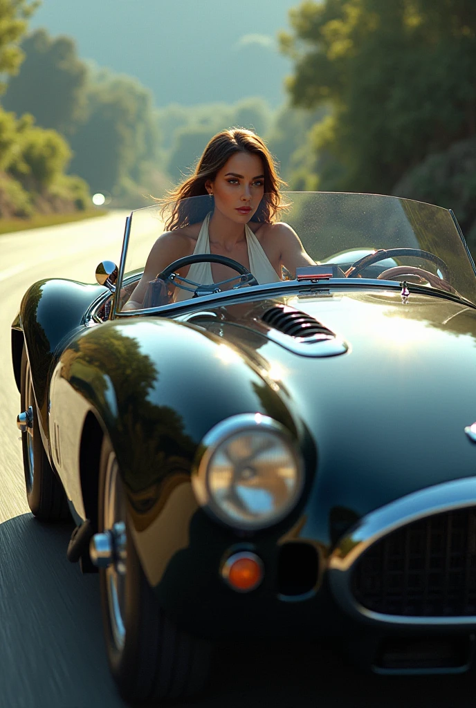 A beautiful blue car, driving a women with a smile she is wearing a lusse dress showing her boobies