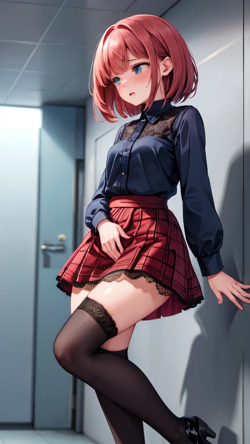 "Illustration of a girl in with red and pink plaid skirt, high stockings and hands timidly grabbing the skirt. The image should be focused from the waist down, showing only the girl's legs and hands."