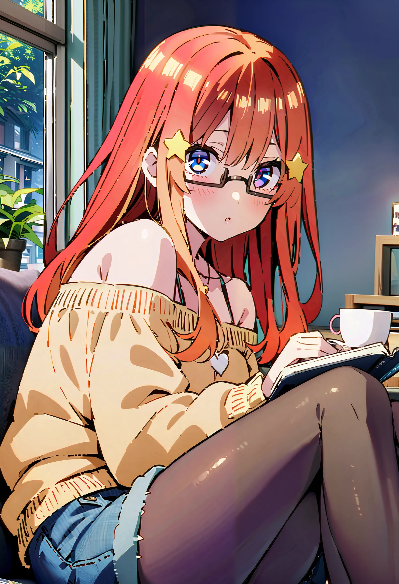  score_9,  score_8_ up,  score_7_ up,  source_Anime, itsukinakano, Nakano Mizuki , bangs, blue eyes,  hair between eyes , stupid hair, Red Hair, yellow star  \(symbol\),  hair ornament, yellow star   hair ornament,Glasses, off-shoulder sweater, heart shaped necklace , denim micro shorts , black pantyhose , sitting on the sofa, reading a book,There is a coffee cup on the table, it's raining outside the window ,morning, interior ,whole bodyがイラストに入るように,
break looking at viewer,whole body,
break indoors,bedroom, 
break (masterpiece:1.2),  best quality ,  high resolution,  Unity 8K Wallpaper , (figure:0.8), ( precise and beautiful eyes:1.6),  very detailed face,  Perfect Lighting ,  very precise CG, (perfect hand,  perfect anatomy),