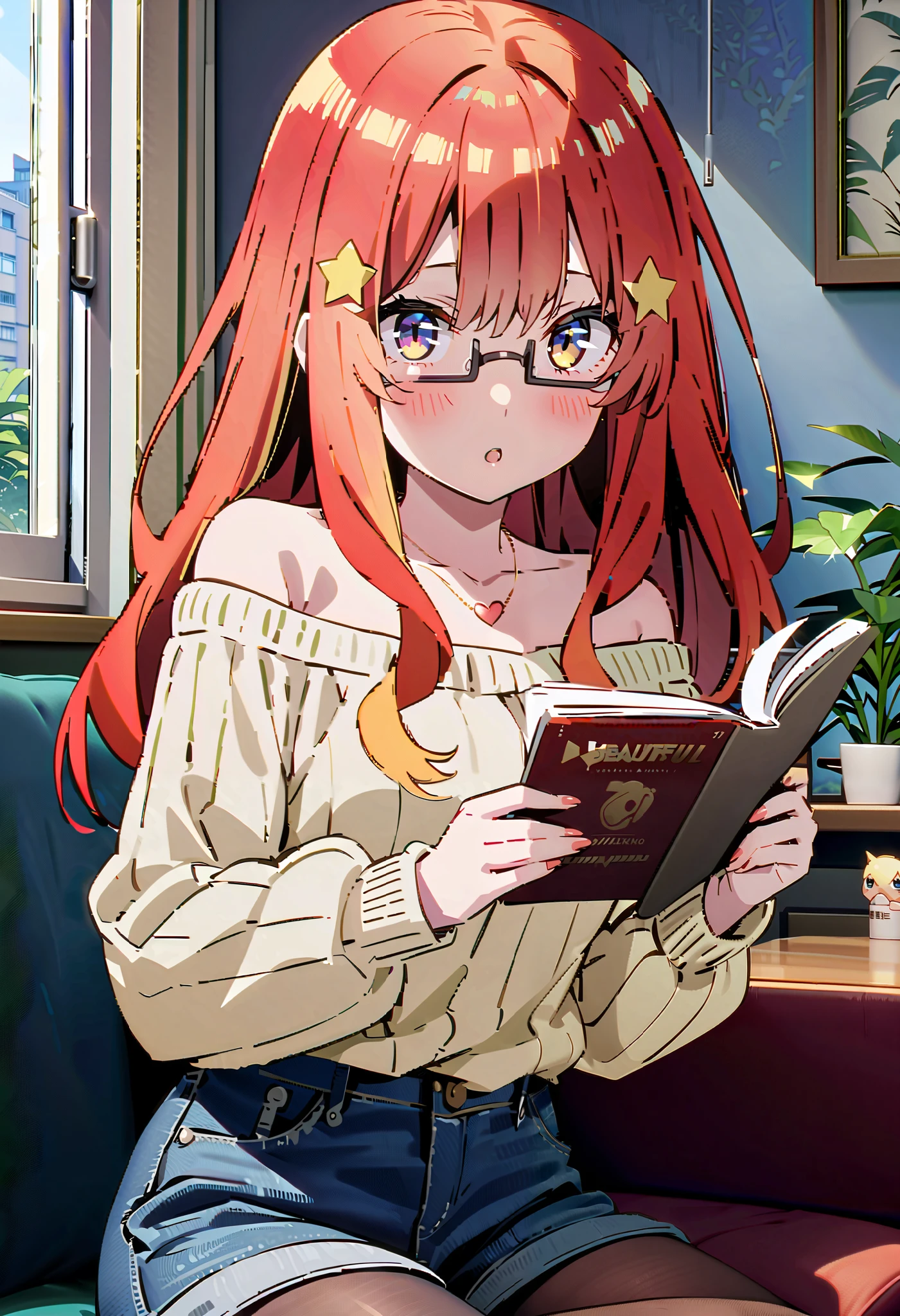  score_9,  score_8_ up,  score_7_ up,  source_Anime, itsukinakano, Nakano Mizuki , bangs, blue eyes,  hair between eyes , stupid hair, Red Hair, yellow star  \(symbol\),  hair ornament, yellow star   hair ornament,Glasses, off-shoulder sweater, heart shaped necklace , denim micro shorts , black pantyhose , sitting on the sofa, reading a book,There is a coffee cup on the table, it's raining outside the window ,morning, interior ,whole bodyがイラストに入るように,
break looking at viewer,whole body,
break indoors,bedroom, 
break (masterpiece:1.2),  best quality ,  high resolution,  Unity 8K Wallpaper , (figure:0.8), ( precise and beautiful eyes:1.6),  very detailed face,  Perfect Lighting ,  very precise CG, (perfect hand,  perfect anatomy),