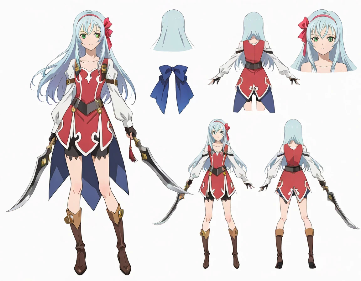 (((Best Quality))) , ((full body)), female, reference sheet, solo, (white background), high-fantasy, holding weapon, tales of, (precure:0.5),