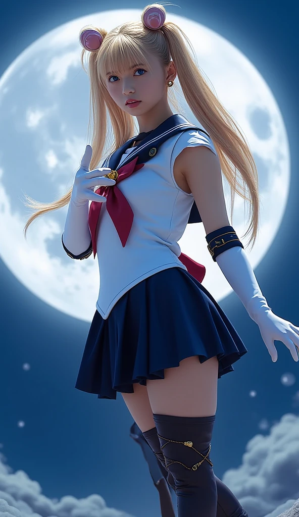 (Ultra High Quality) (handdraw) huge-breasted,Sailor Moon stands on a reflective surface、Bright white moon in the distant sky. Her skirt is blue、Her top is a white and blue top. Her blonde hair is finished with two very long ponytails