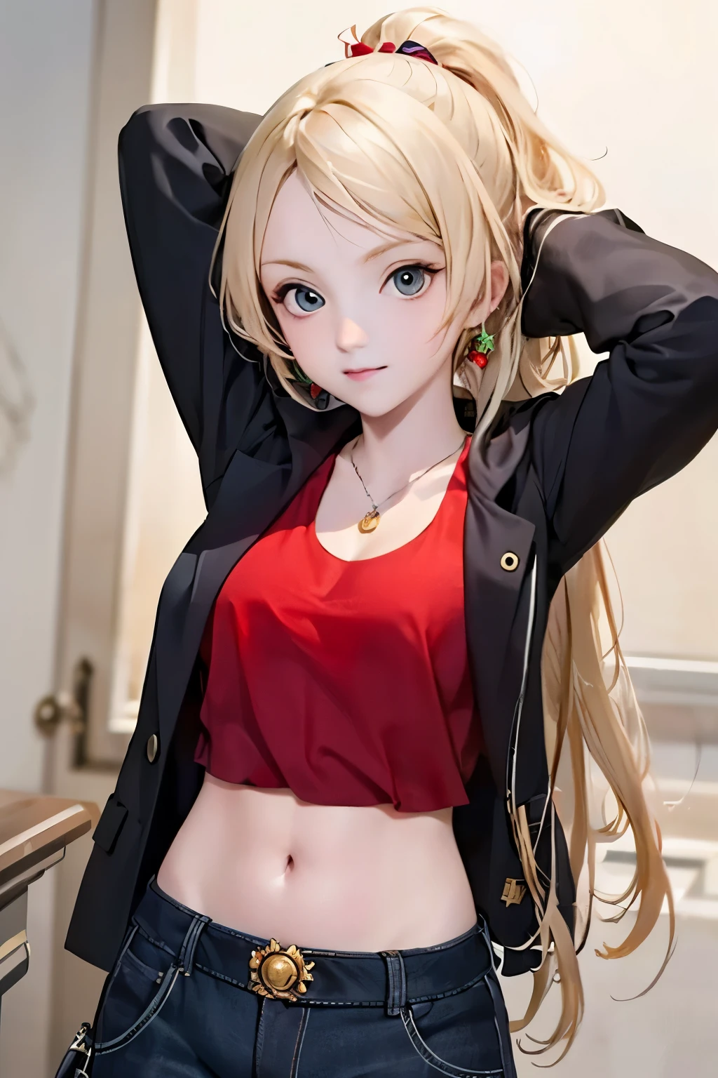 An anime-style game character of a girl who wears a red hood that covers her entire body.