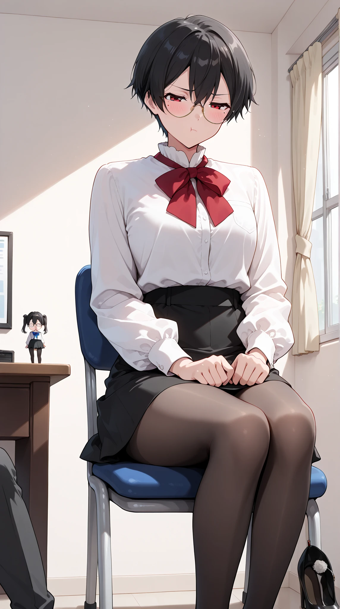 solo girl,face close up ,sitting,cross arms,(from below:1.2),glasses,looking down, 20 years old, black hair, short hair,bob cut, irritated, emotionless eyes, large light blue eyes, small_breasts, bowtie,long sleeves,dress shirt,indoor,school, (masterpiece), best quality, high resolution, extremely detailed, detailed background, perfect lighting