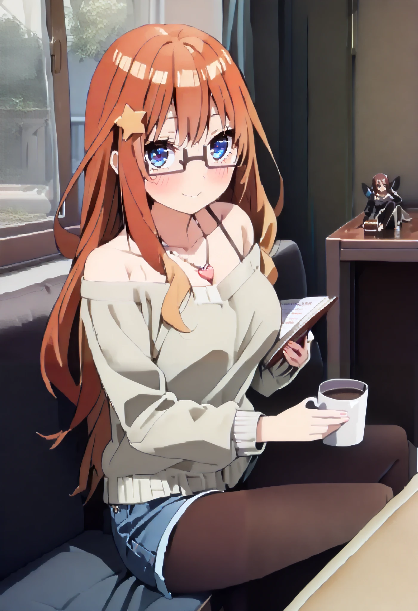 score_9, score_8_ up, score_7_ up, source_Anime, itsukinakano, Nakano Mizuki , bangs, blue eyes, hair between eyes , long hair,stupid hair, Red Hair, yellow star \(symbol\), hair ornament, yellow star hair ornament,Glasses,smile,blush, close your mouth,, off-shoulder sweater, heart shaped necklace , denim micro shorts , black pantyhose , sitting on the sofa, reading a book,There is a coffee cup on the table, it's raining outside the window ,morning, interior ,whole bodyがイラストに入るように,
break looking at viewer,whole body,
break indoors,bedroom,
break (masterpiece:1.2), best quality , high resolution, Unity 8K Wallpaper , (figure:0.8), ( precise and beautiful eyes:1.6), very detailed face, Perfect Lighting , very precise CG, (perfect hand, perfect anatomy),