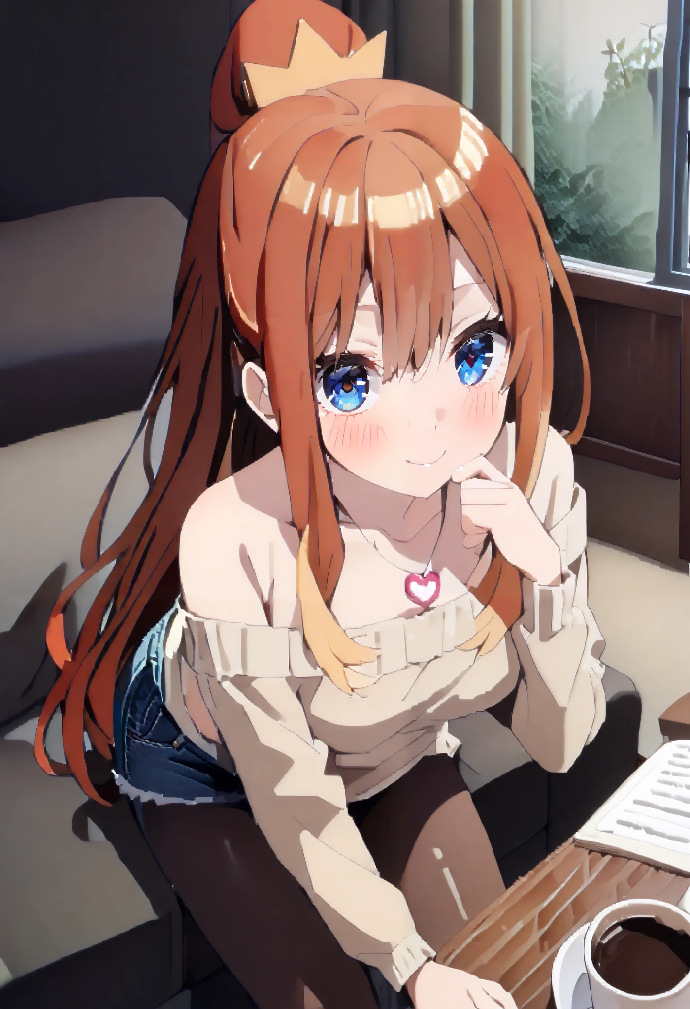score_9, score_8_ up, score_7_ up, source_Anime, itsukinakano, Nakano Mizuki , bangs, blue eyes, hair between eyes , long hair,stupid hair, Red Hair, yellow star \(symbol\), hair ornament, yellow star hair ornament,Glasses,smile,blush, close your mouth,, off-shoulder sweater, heart shaped necklace , denim micro shorts , black pantyhose , sitting on the sofa, reading a book,There is a coffee cup on the table, it's raining outside the window ,morning, interior ,whole bodyがイラストに入るように,
break looking at viewer,whole body,
break indoors,bedroom,
break (masterpiece:1.2), best quality , high resolution, Unity 8K Wallpaper , (figure:0.8), ( precise and beautiful eyes:1.6), very detailed face, Perfect Lighting , very precise CG, (perfect hand, perfect anatomy),