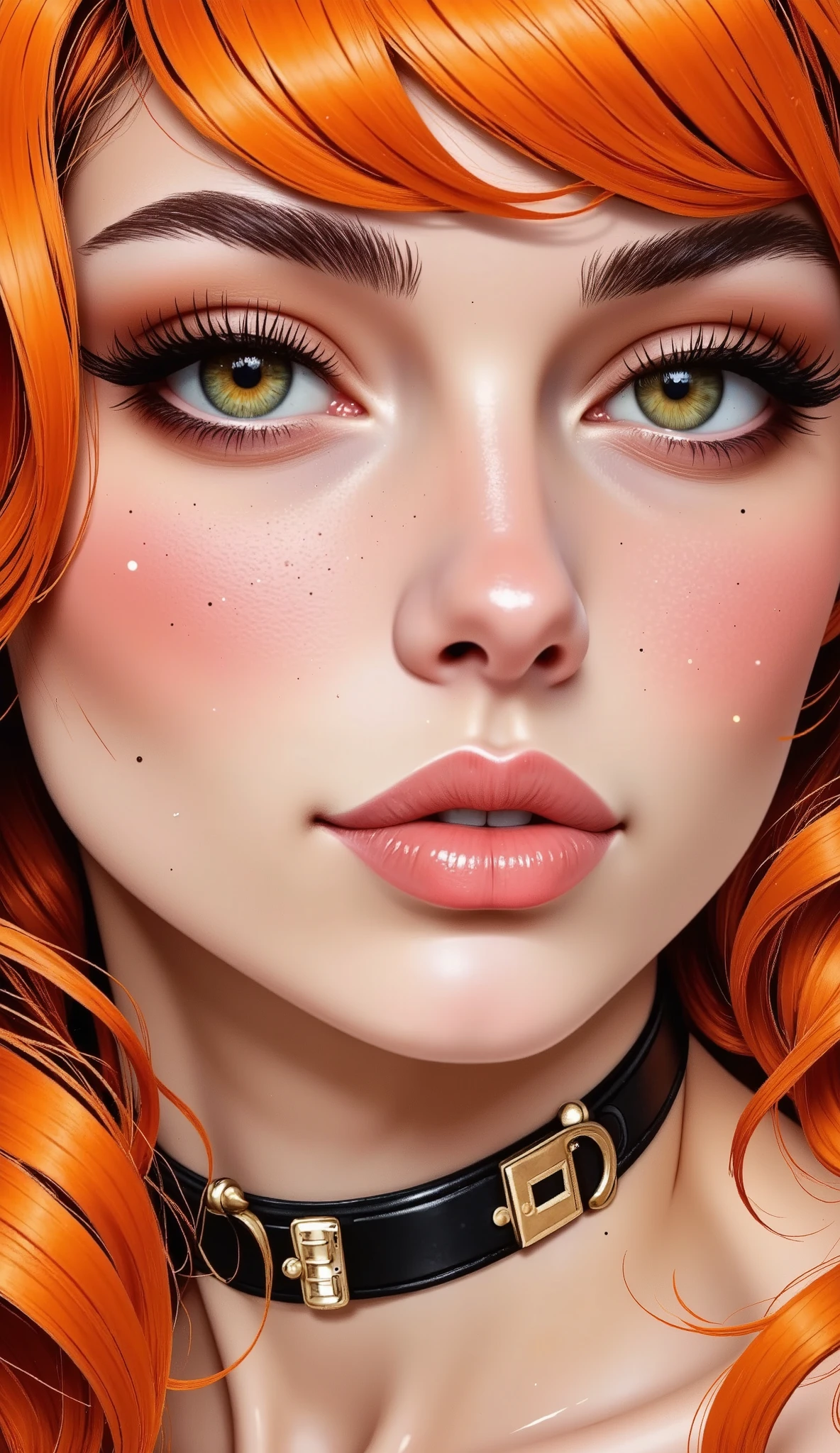 General plan full body half profile looking at the camera, , Of a woman with orange makeup and long eyelashes , ojos verde round, ojos verde rounds, verdes eyes, shades of orange and black , big and detailed eyes , orange pupils, Ojos de carbón rounds , fluffy orange skin, cara de melocotón round , Pop makeup style, the locks on her face , shades orange and blue , ORANGE SHADES , big and detailed eyes , ojos rounds, round eyes and beautiful slanted eyes full and kissable lips , round