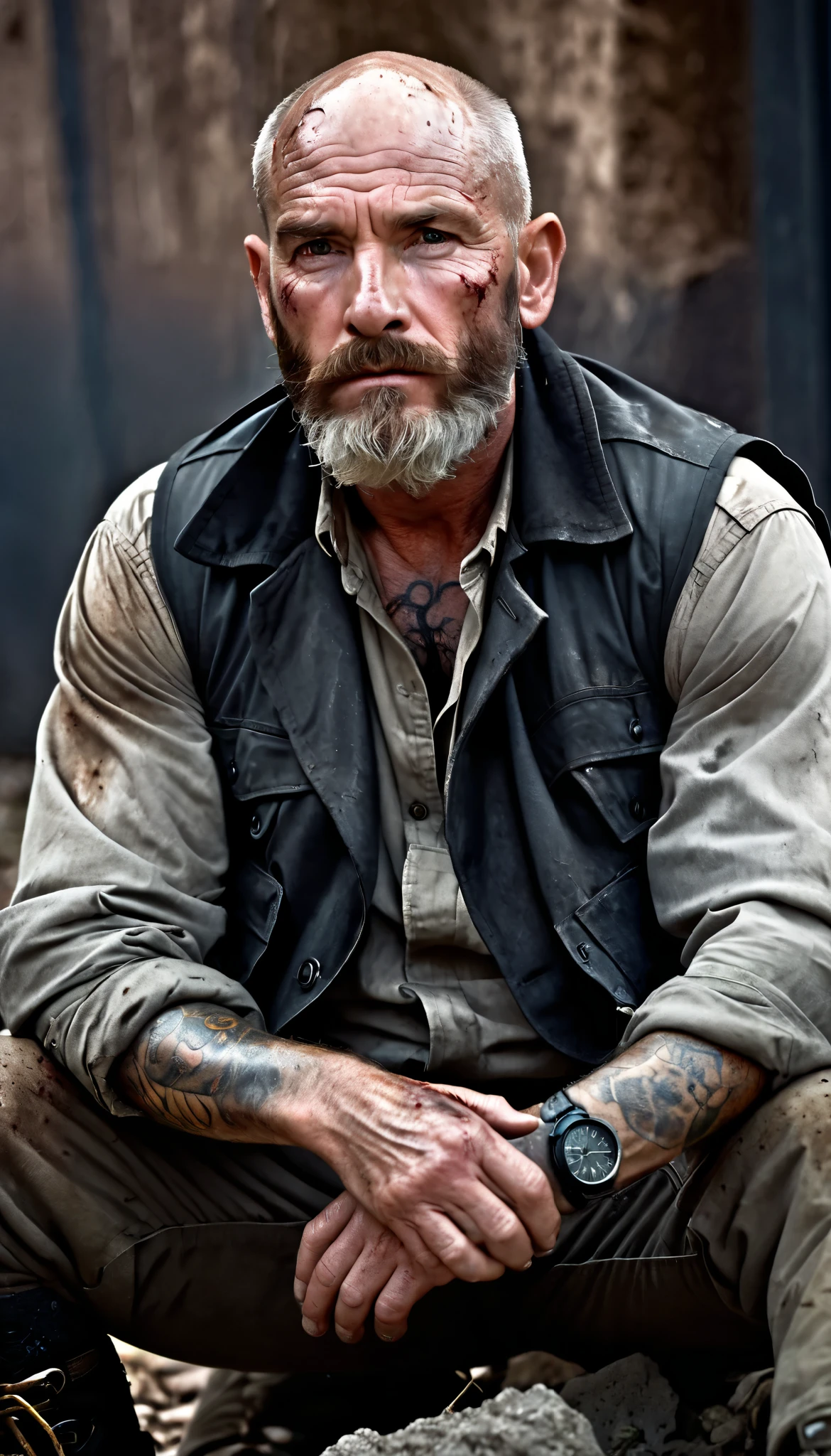 A rugged, intimidating man in his early 50s, bald with a grizzled beard and piercing, haunted eyes. His face is marked with deep wrinkles and old battle scars, telling the story of a hard life. Tattoos snake up his muscular arms, partially hidden beneath the sleeves of his long, tattered black trench coat. Underneath, he wears a dark tactical vest and a faded shirt with visible bloodstains. His hands, covered in old scars and callouses, rest on his knees as he sits near a dying campfire, lost in thought. A weathered shotgun leans against a crumbling concrete wall beside him. His expression is one of regret and exhaustion, as he stares at an old, crumpled photograph in his hands—perhaps a reminder of the life he lost. The cold night air swirls with mist, and the faint glow of embers casts flickering shadows across his tired face. The scene is hyper-realistic, ultra-detailed, and cinematic, capturing every texture—his worn-out clothing, the grit under his nails, the tired lines on his face—with professional photographic quality.