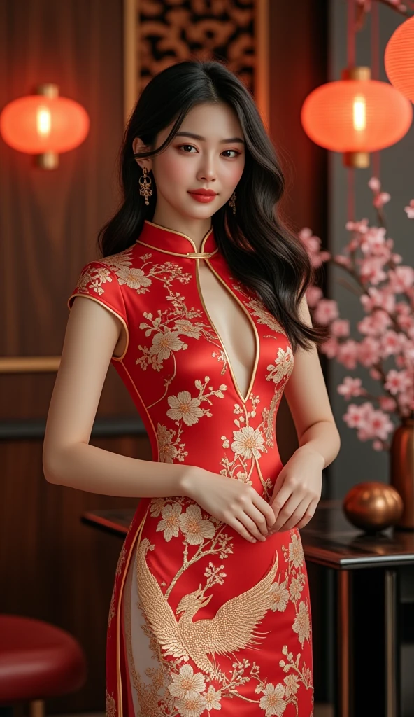 (top-quality、超A high resolution、masterpiece:1.3), Midhair with bangs, Detailed moisturized eyes, Textured skin, Best Quality, in 8K, blurry backround, (Colossal , long legged, Legs exposed through slits), Natural Color Lip, ssmile, Woman with perfect style, You're in a high-traffic area, (Girl in cheongsam with colorful pattern:1.2), Facing the front, Looking at the camera