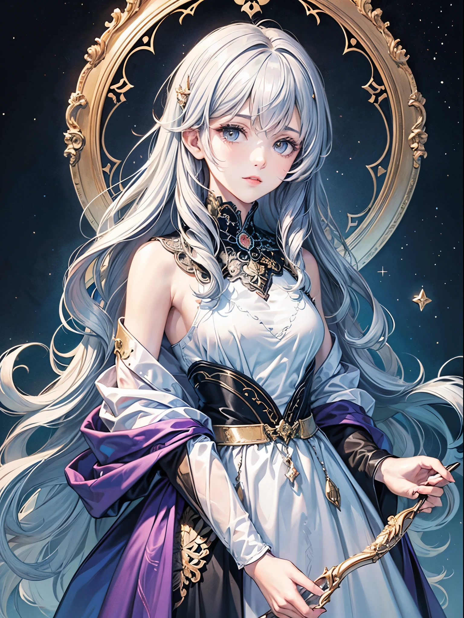 silver hair, crystal hair, Surrealism, anime, Hyperrealism, lens flare, 8k, super detail, UHD, masterpiece, accurate, anatomically correct, textured skin, super detail, high details, high quality, award winning, best quality, highres
**Theme**: Beginner girl
**Character Details**:
- **Hair Color**: Silver
- **Personality**: Quiet but curious
- **Clothing**: Cute dress
**Background**: Starry sky