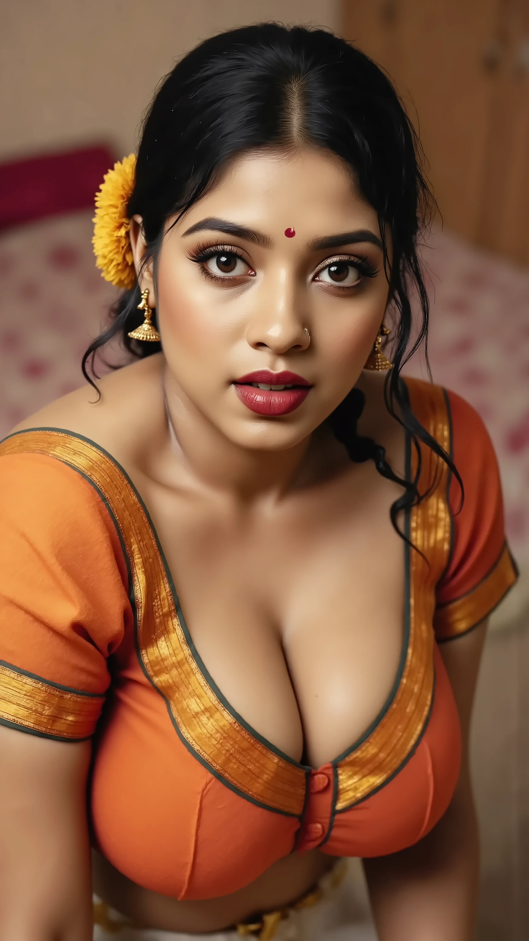 Pov camera view, Indian milf on her knees, looking at camera, with lust in her eyes, black hair tied around, flowers in head,sandal mark on forehead, sindhur on forehead (vermilion mark on forehead in the middle of hair partition,transparent white Saree, dark red lipstick, black eyeliners, eyelashes,eyebrows,eyeshades,golden noserings,hanging ear rings,long golden chain on neck, ((huge breasts size: 2.0)), Half breasts out of the blouse, sexy cleavage, orange with golden emproydered colour blouse, thick arms, inside bedroom, 8k , intricate details