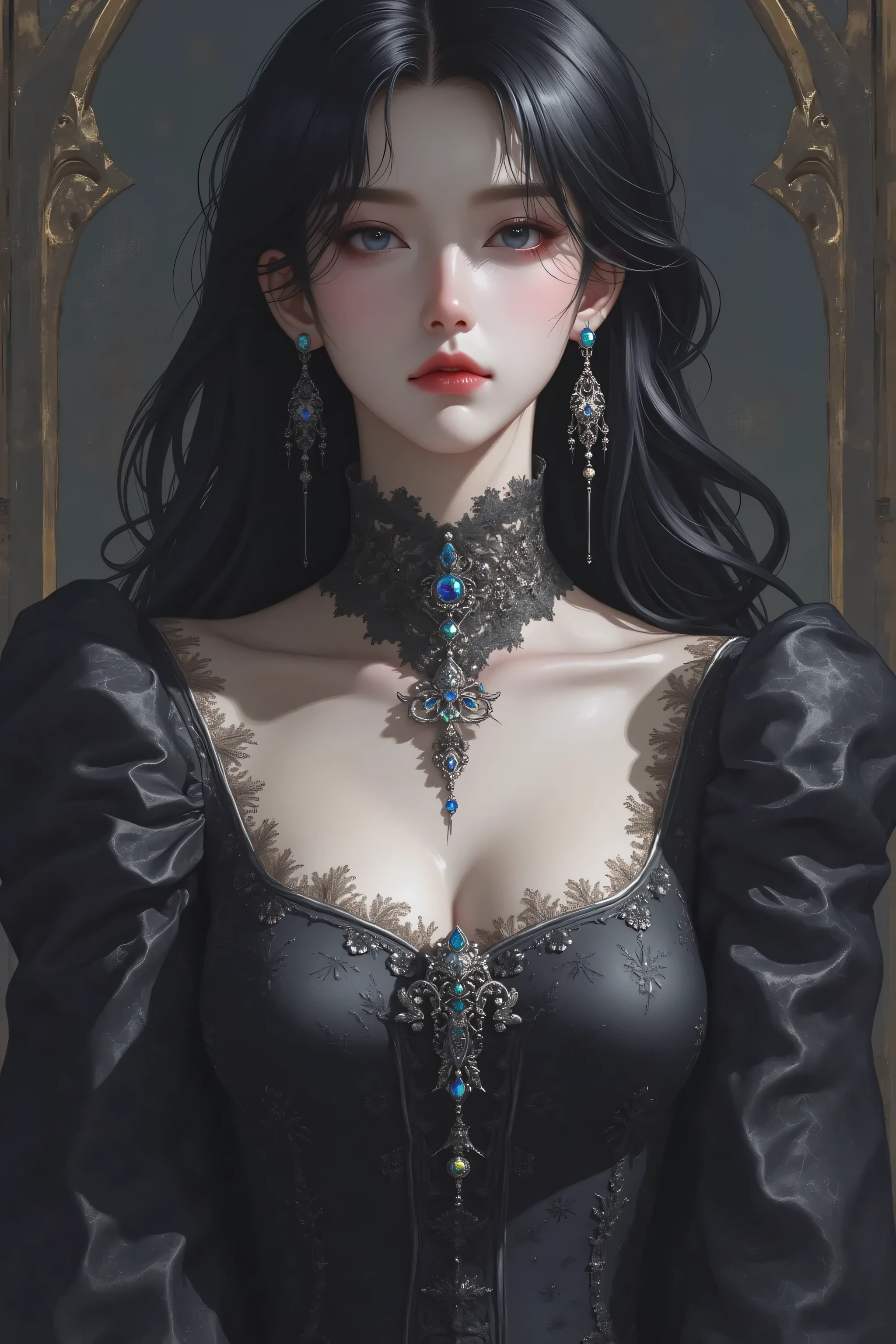 (masterpiece, best quality, photorealistic, ultra-detailed:1.2), perfect body, huge breasts, wide hips, wavy hair, big gorgeous eyes, full lips, dangerous allure, gothic lingerie fashion by vivienne westwood, metro city, anime realism by artgerm and ayami kojima and donato giancola