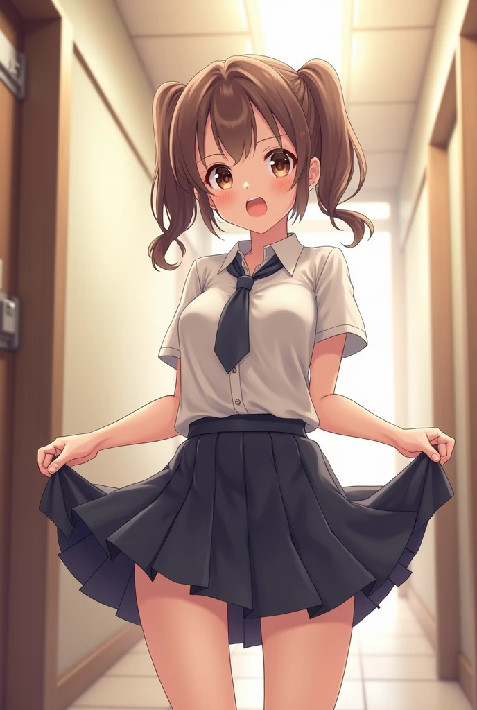 (1 Girl,Brown Hair, Perfect Skin, Black mini skirt : 1.5), cute, Highly detailed face, (From below:2), Train room, Very small breasts, (Baby Face, Small body), Big smile, Shot, Upper floor, School、