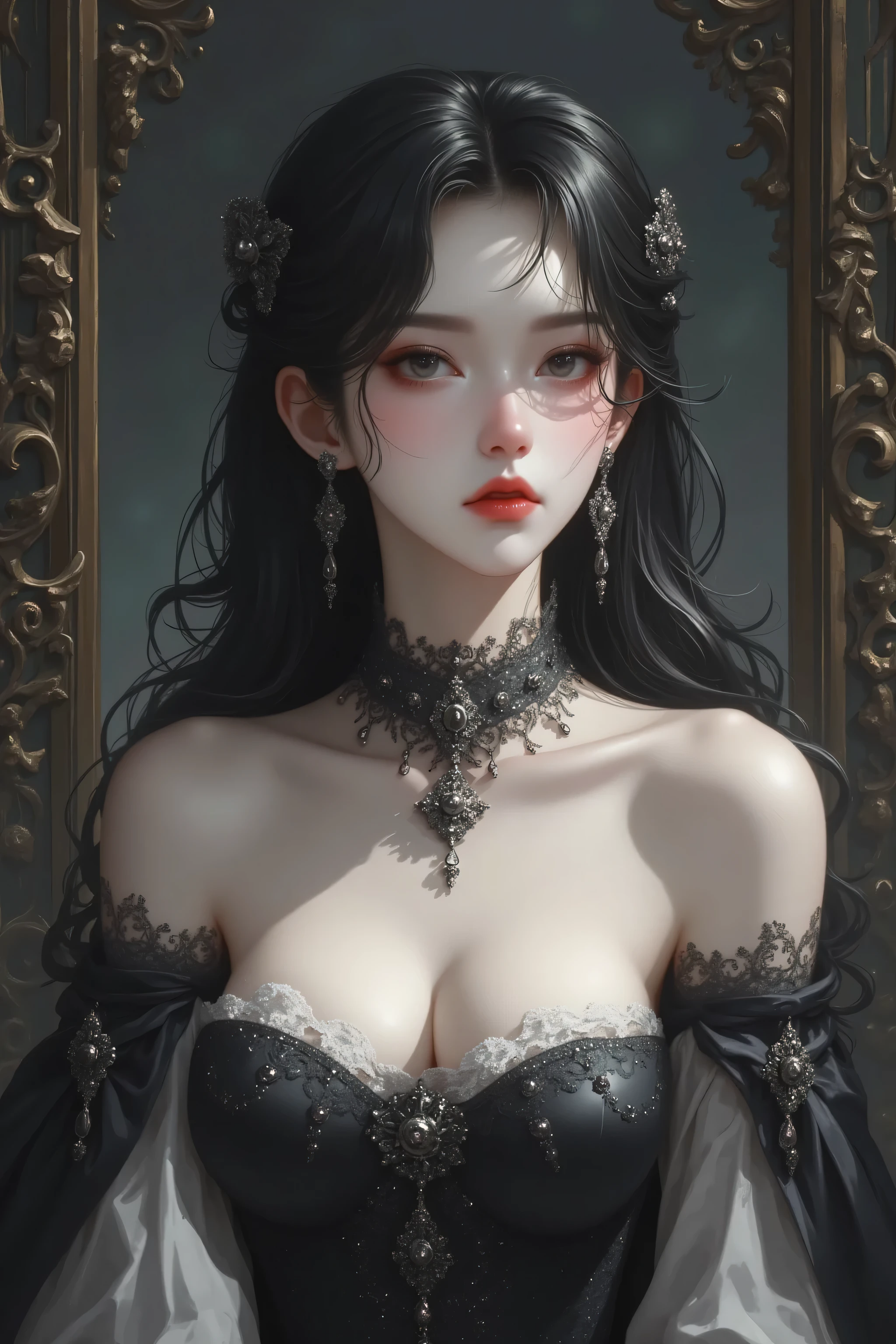 ((masterpiece、highest quality、genuine、Super detailed、High resolution、photogenuineistic、sharp focus))、face light、bust shot、focus from the chest up、美しい女性のphotogenuineisticなポートレート、black straight hairstyle、light makeup、smile、close your mouth、Off-shoulder see-through white long dress、silver tiara、looking at the viewer、Luxurious rooms in the palace、sitting in a chair、detailed hand drawn