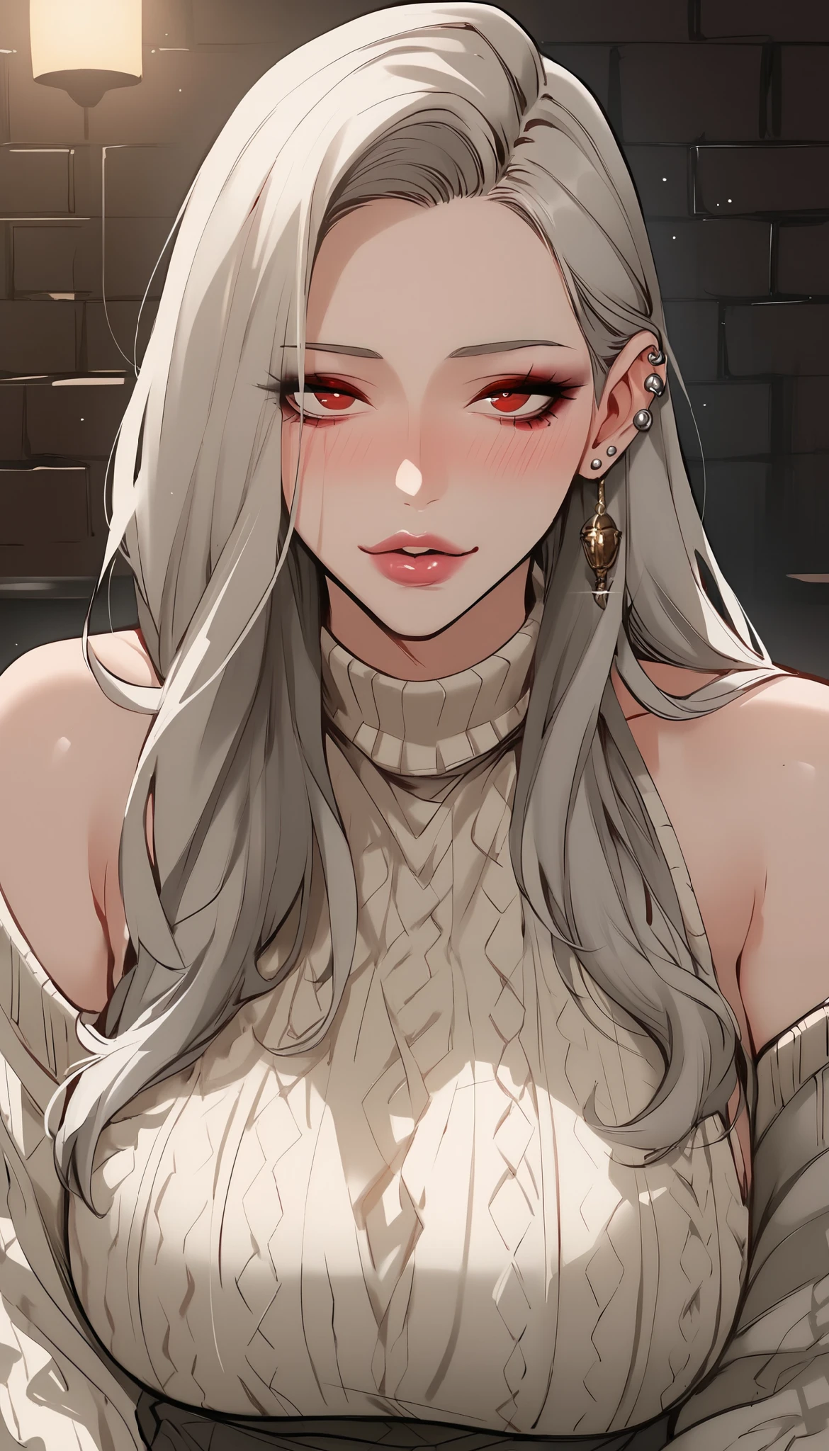 score_9, score_8_up, score_7_up, score_6_up, score_5_up, score_4_up, BREAK 1girl, intricate, making a cute pout in love, slightly drunk, white wool sweater, off the shoulders, seductive neckline, Yakuza outfit, (eyeliner:1.2), looking at viewer, silver hair, piercing in the ear, punk girl style, red eyes, (long pigtails, piercing in the ear, punk girl style , pink lips , pale skin, jewelry, detailed background, big breasts (masterpiece, high quality:1), bar, counter, alley, bar exit, gloomy lighting, voluptuous body, mature woman