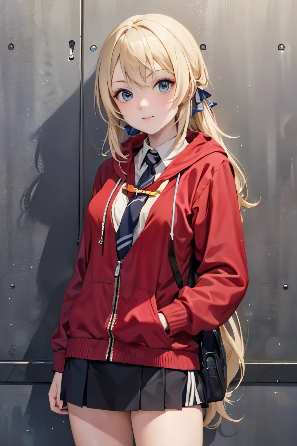 An anime-style game character of a  girl who wears a red hood that covers her entire body.