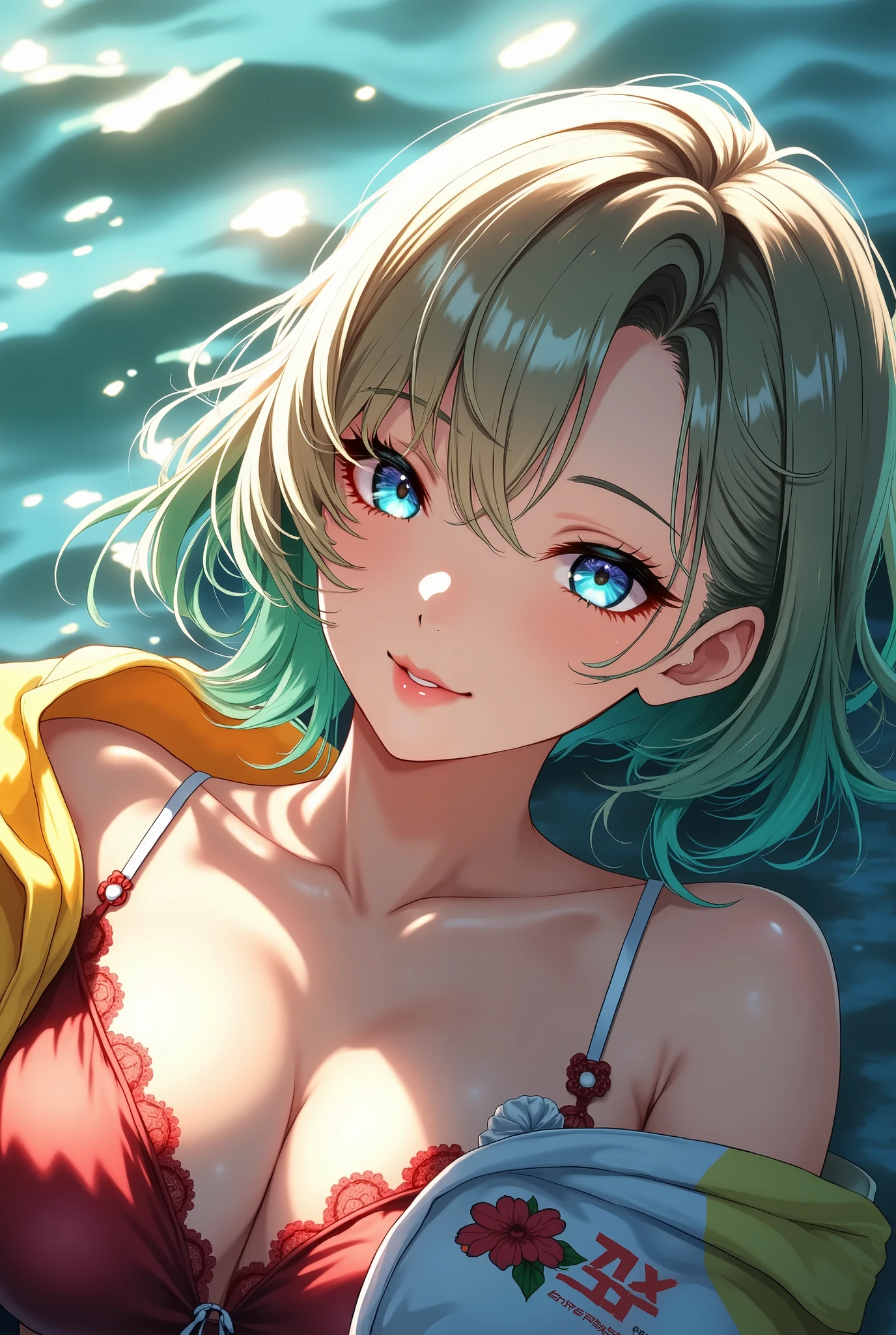 beautiful Japanese woman lying down in the sea, smile, ( tea hair:1.2, short hair), no makeup:1.4, beautiful skin:1.4, beautiful eyes, glossy lips , long elegant fingers , wearing a colorful hoodie, Big Breasts, ((( bust shot:1.2, Snapshot at the seashore:1.6))), hands behind head, Intimate lighting, Dramatic Cinematic Shadows , 8k, HD, very aesthetic, best quality , masterpiece.