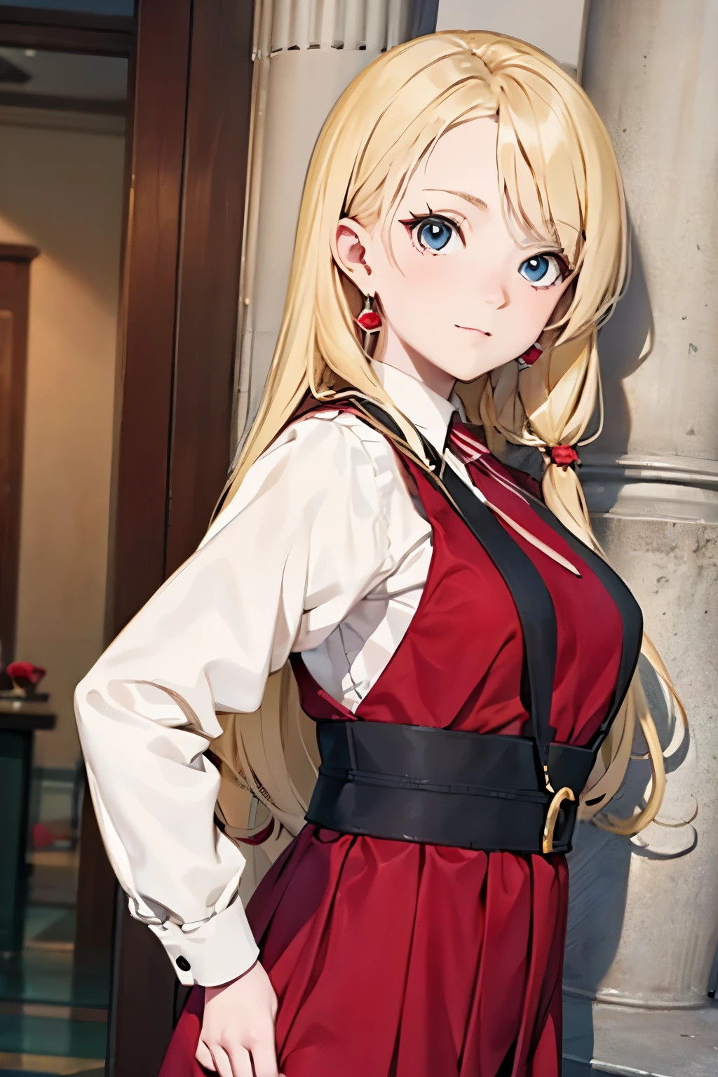 An anime-style game character of a  girl who wears a red hood that covers her entire body.