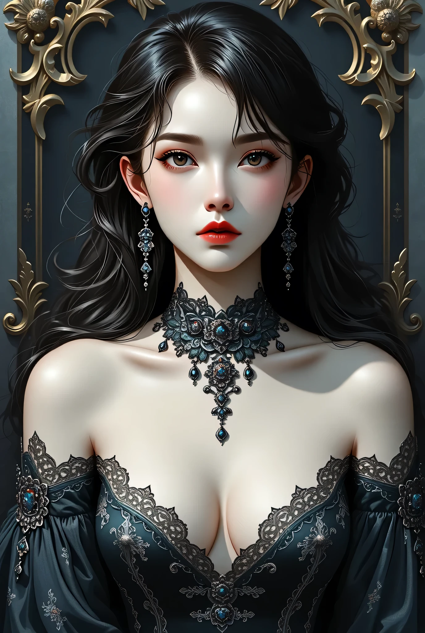 gothic asian woman, big breasts, cleavage, 