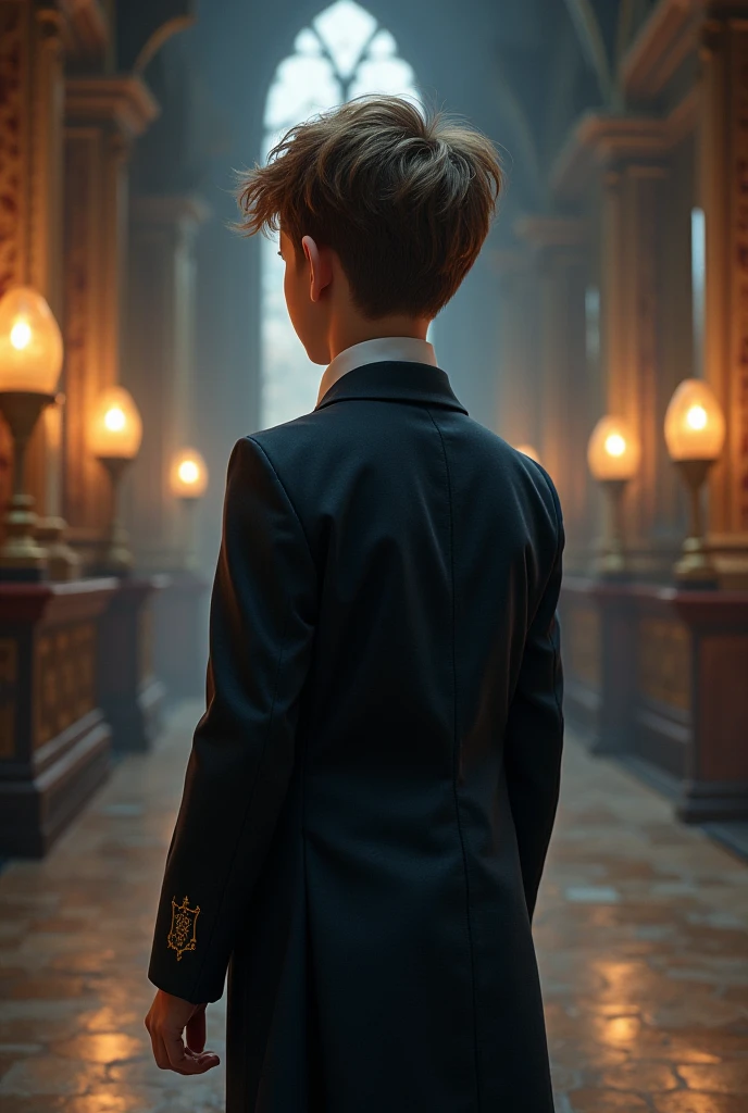 A boy dressed in a Victorian-era suit sits on top of a building watching a world without logic 