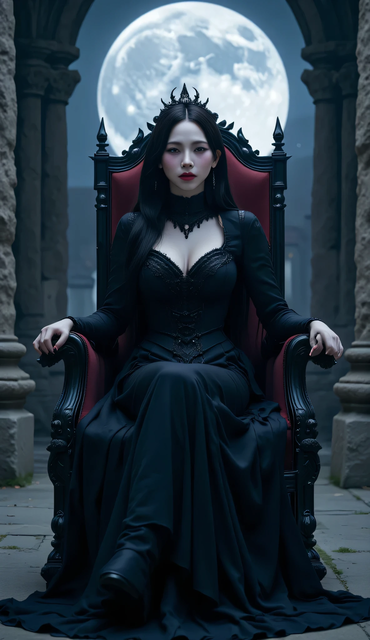 A vampire queen, sitting on a luxurious throne , Facing front,  castle background at night ,  very bright moon ,  wearing a long sleeve turtle neck dress in black satin material,   using a long maxi skirt to the toe of a black color,   long dark hair ,  using a small crown of black color, bright red lips,  big and round breasts , evil laughing face ,  pale white skin color 