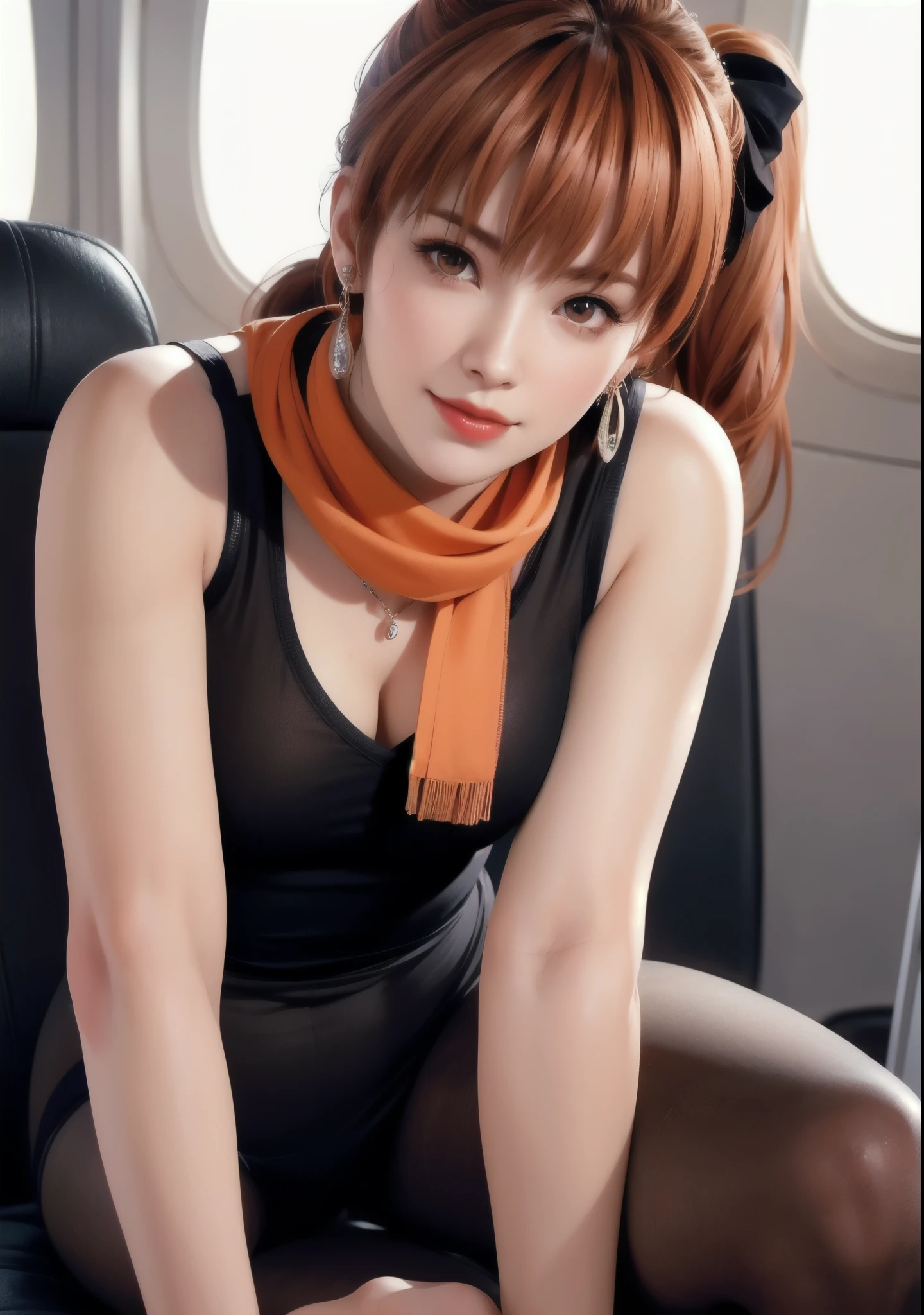  Kasumi's full body photo ,  youthful face,  orange hair, Ponytail,   Viviton ,  unique , Shyly lowering her face , Red cheeks, Smile shyly,  upper body in a slightly twisted position, Side Light, Shallow depth of field,( Very detailed), actual , ( masterpiece), (  high resolution  ), ( 8k wallpaper)，  orange hair，Long Legs，Low-cut，Rift，earrings， necklace，pantyhose， red lips， red lips，Long Legs， heels，On the plane， Aerial，scarf，Black pantyhose s 