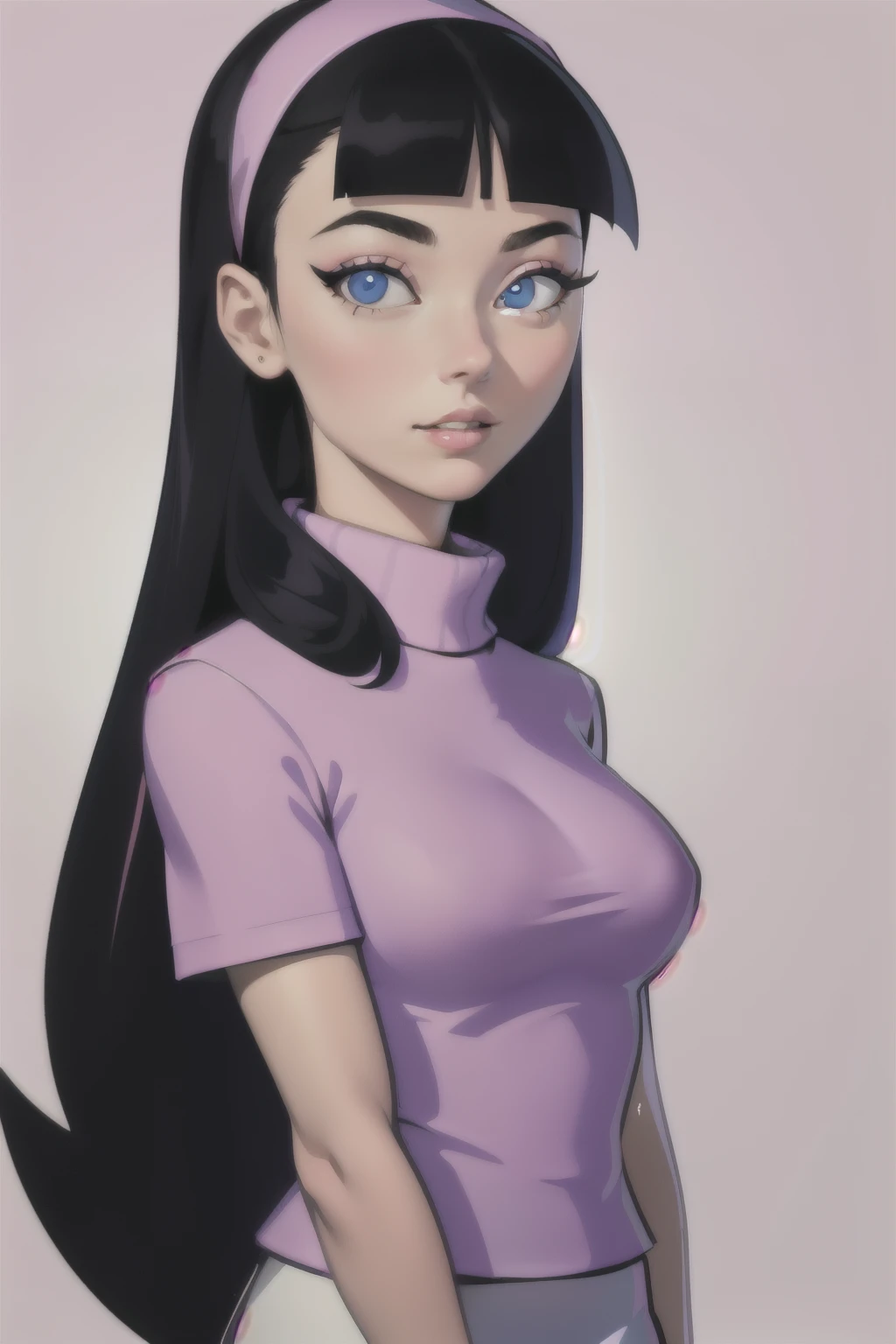 masterpiece, best quality,3d rending work ,3DMM style close-up,portrait, 3D,1girl, solo, realistic, upper body, simple background, trixie tang headband, long hair, black hair, white miniskirt, (pink turtleneck), blue eyes, pink eyeshadow, smooth hair,