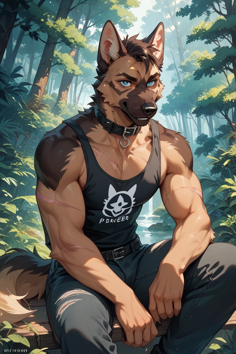 (german shepherd), (solo), male, anthro, (by paintfox34, by paintfox), (tail:1.3), (perfect hands), (((tired expression))), (sleepy), sleepy, neutral, ((forest background), outside, powerful silhouette, mysterious shadows), ((thick fur, large build)), correct anatomy:1.2, ((mature male)), manly, masculine, (hairy chest), sexy, ((cargo shorts)), belt, ((tank top)), ((snapback)), ((chain collar)), sitting on ground, hairy armpits, (one arm up), looking at viewer