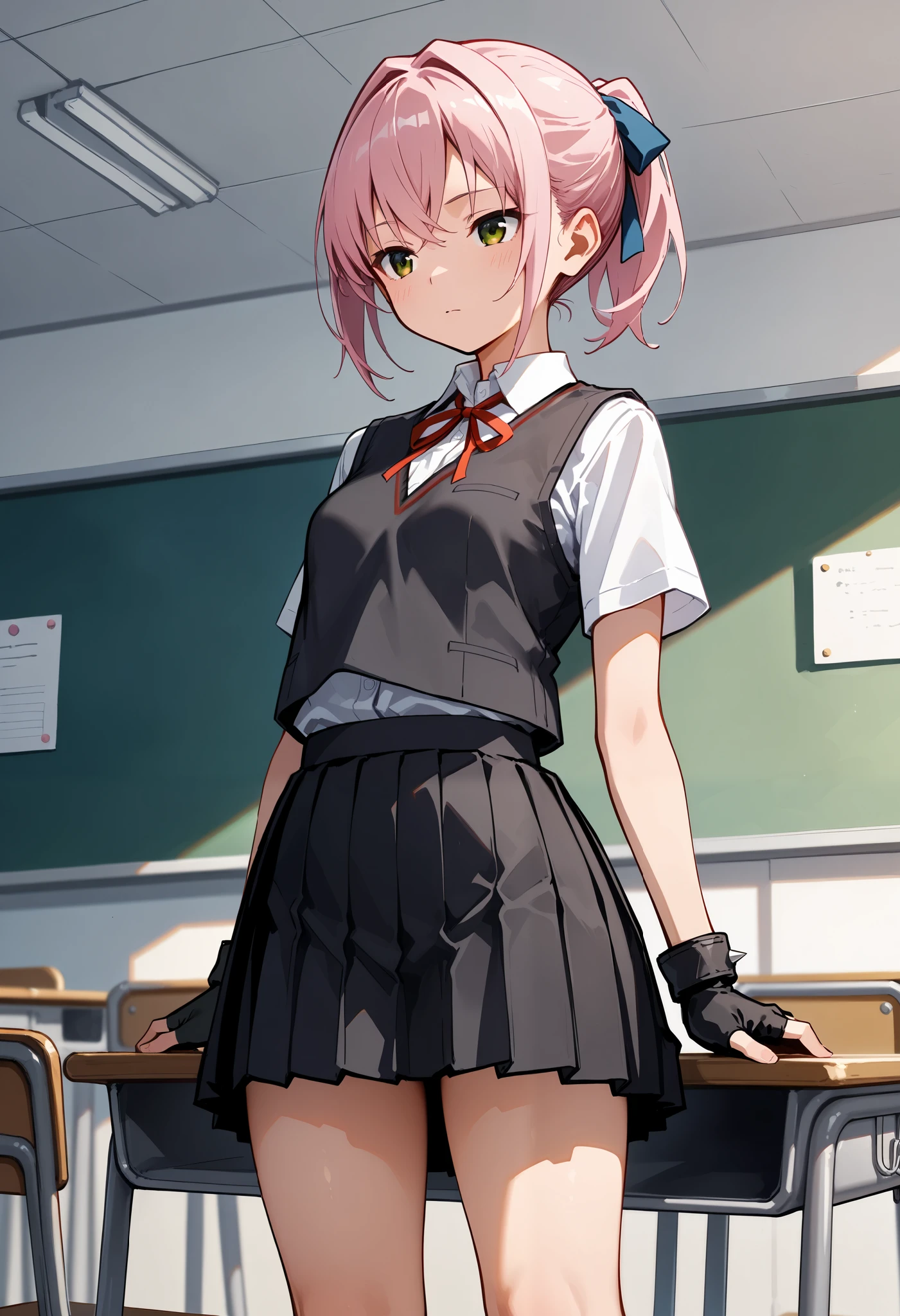 best quality , Masterpiece, high resolution, Alone, 1 girl,{shiranui_kantaicollection:1.15}, Classroom Background, school uniform,vest,hair_ribbon,,neck_ribbon,red_ribbon, pink_hair,green_eye, fingerless_ gloves, pleated skirt, ponytail, white shirt,,黒 gloves, short_ sleeve , black skirt, shorthair,,,,( spats), small breasts, Thin Waist , perfect proportions with spikes, slender body, well-balanced body