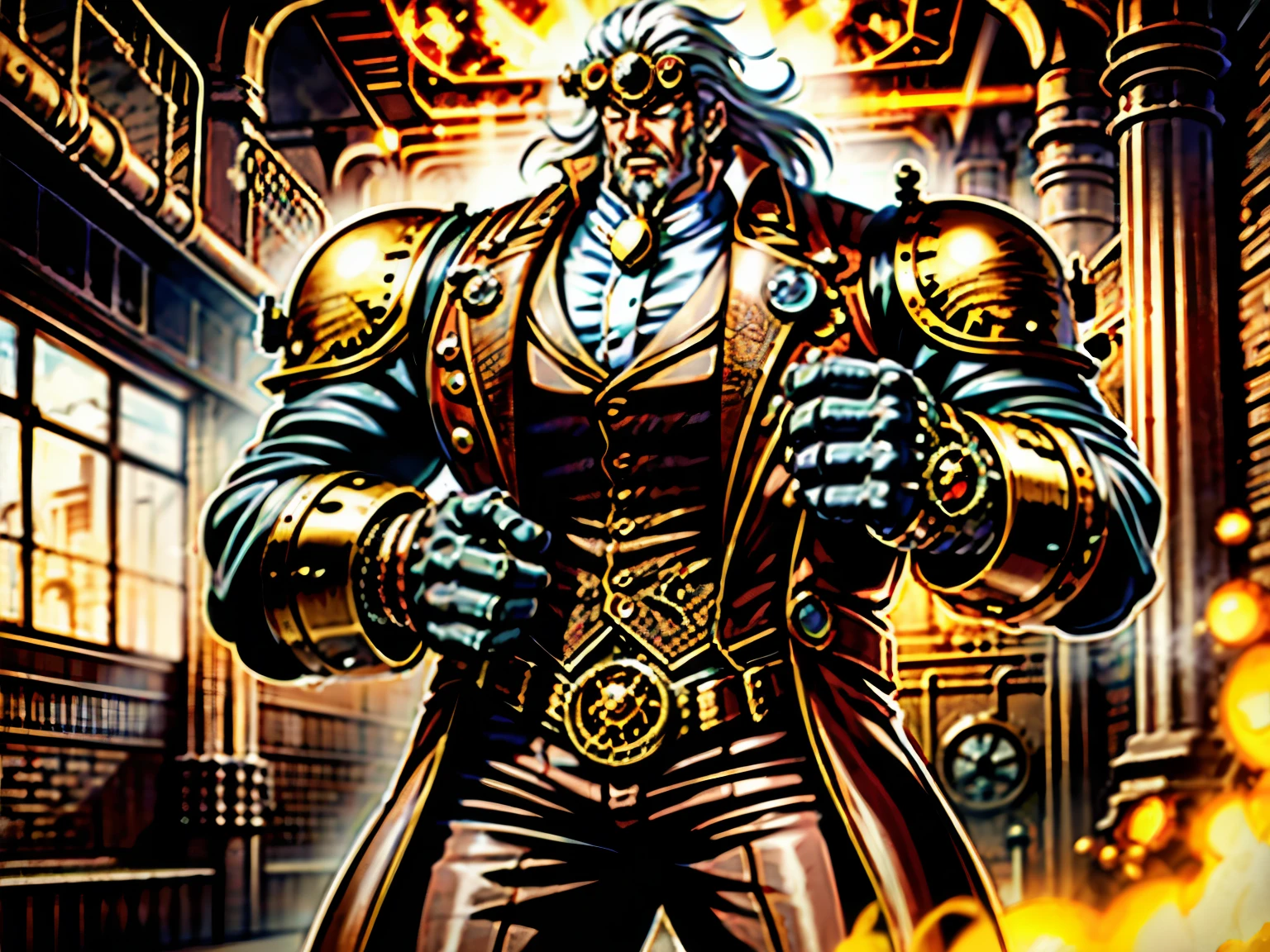 Large strong man, powerful, vampire, glowing red eyes, long flowing white hair, covered in scars, steampunk gear, steampunk scientist goggles, steampunk watch on wrist, standing in a factory, detailed face, high quality, thin armor and vest, a lot of fabric, fancy, skilled