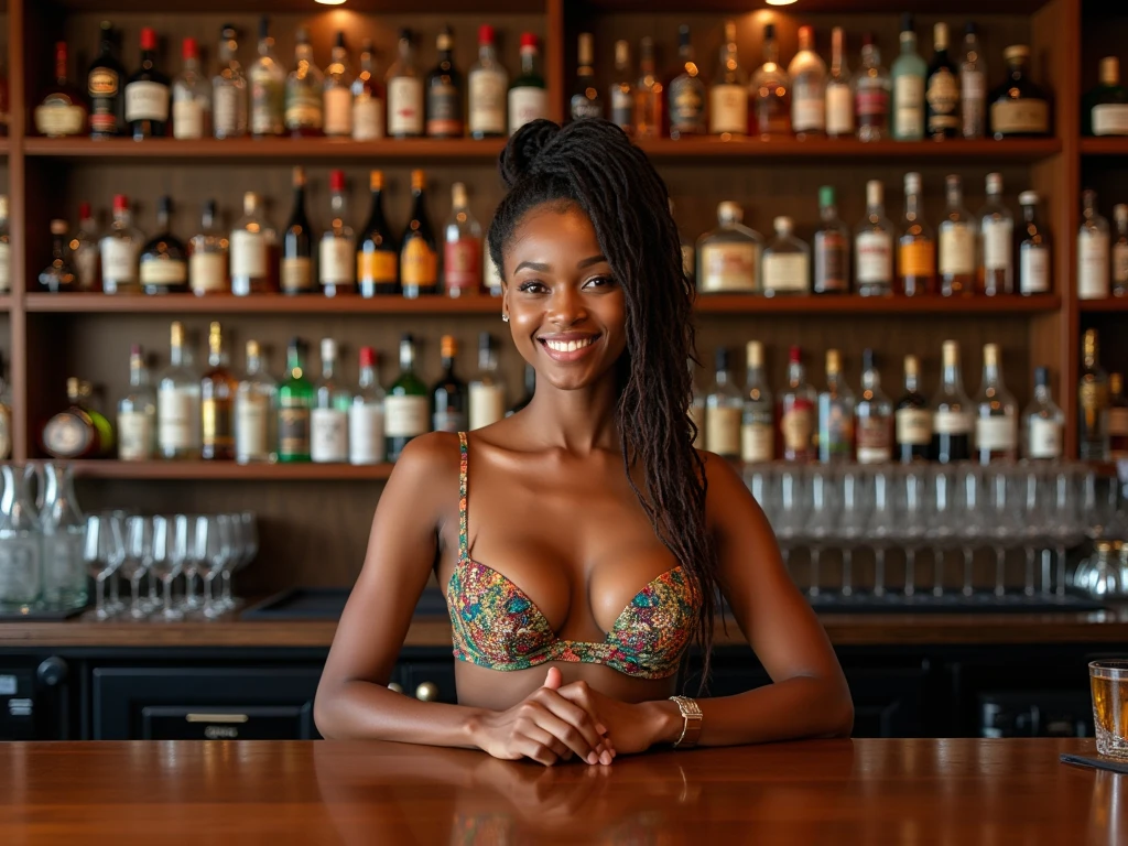 Young African girl, dark complexion, combed hair, gorgeous, broad smile, sitting in a bar, handmade decoration, play of lights, one croissant and one half croissant, Green background