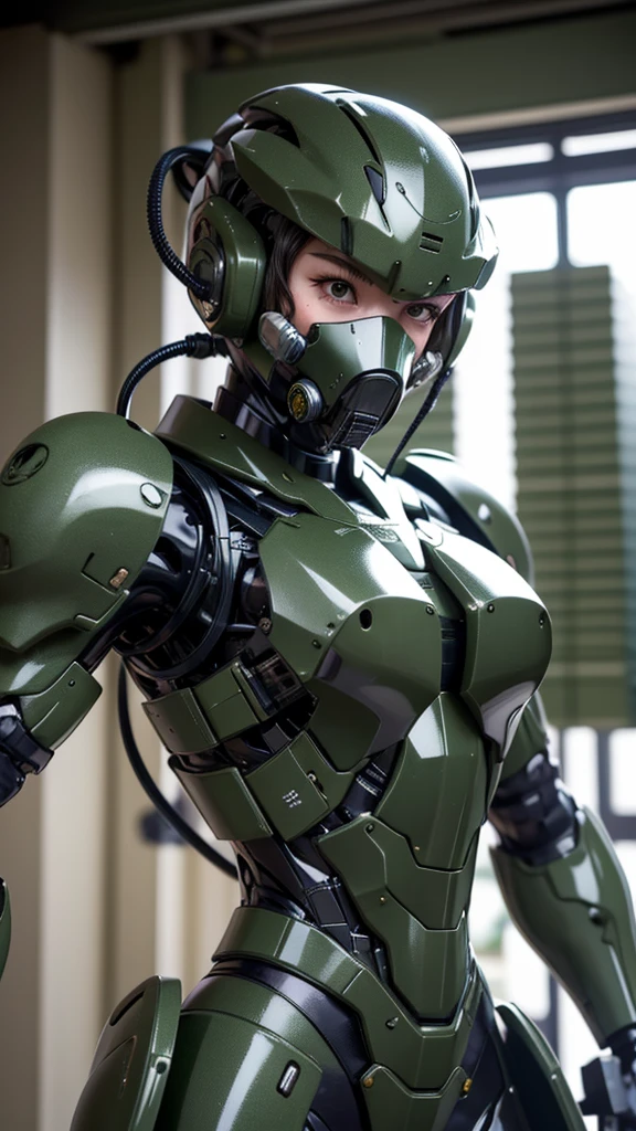 最high quality非常に詳細, Advanced Details, high quality, 最high quality, High resolution, 1080p, hard disk, beautiful,(War Machine),(Snug-fitting headgear),See the big picture,beautifulサイボーグ女性,Dark Green Mecha Cyborg Girl,Battle Mode,Mecha Body Girl 8k dark green body armor Elementary school girl Sweaty face Droopy eyes short hair Gas mask with extension nozzle boyish Steam coming out of my head My hair is wet with sweat Black Hair, Steam coming out of the mouth Lying in bed The skin under the face is not exposed smile