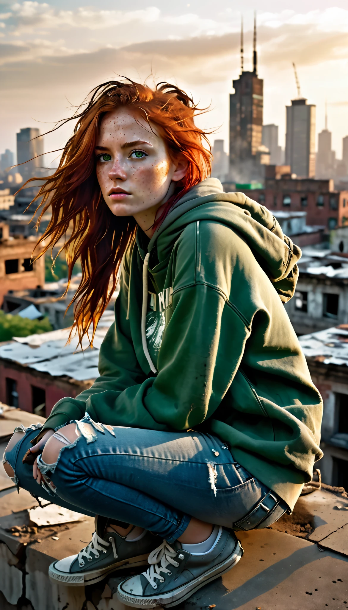 A  girl, around , with messy, shoulder-length red hair and freckles on her dirt-smudged face. Her green eyes are filled with both fear and determination, reflecting a fragile hope in a broken world. She wears an oversized, faded hoodie with holes and stains, a pair of ripped jeans, and old, scuffed sneakers. A small, worn-out backpack rests beside her, its straps frayed from years of use. She sits on the edge of a crumbling rooftop, hugging her knees as she gazes out over the remains of a desolate city at sunset. Smoke rises in the distance, and the skeletal remains of skyscrapers loom over the ruined streets below. Despite the devastation, the golden light of the setting sun bathes the city in warmth, hinting at the possibility of a new beginning. The wind gently lifts strands of her hair as she takes a deep breath, lost in thought. The image is hyper-realistic, ultra-detailed, and cinematic, capturing the textures of her worn clothing, the cracks in the concrete, and the melancholic yet hopeful atmosphere with professional photographic quality.
