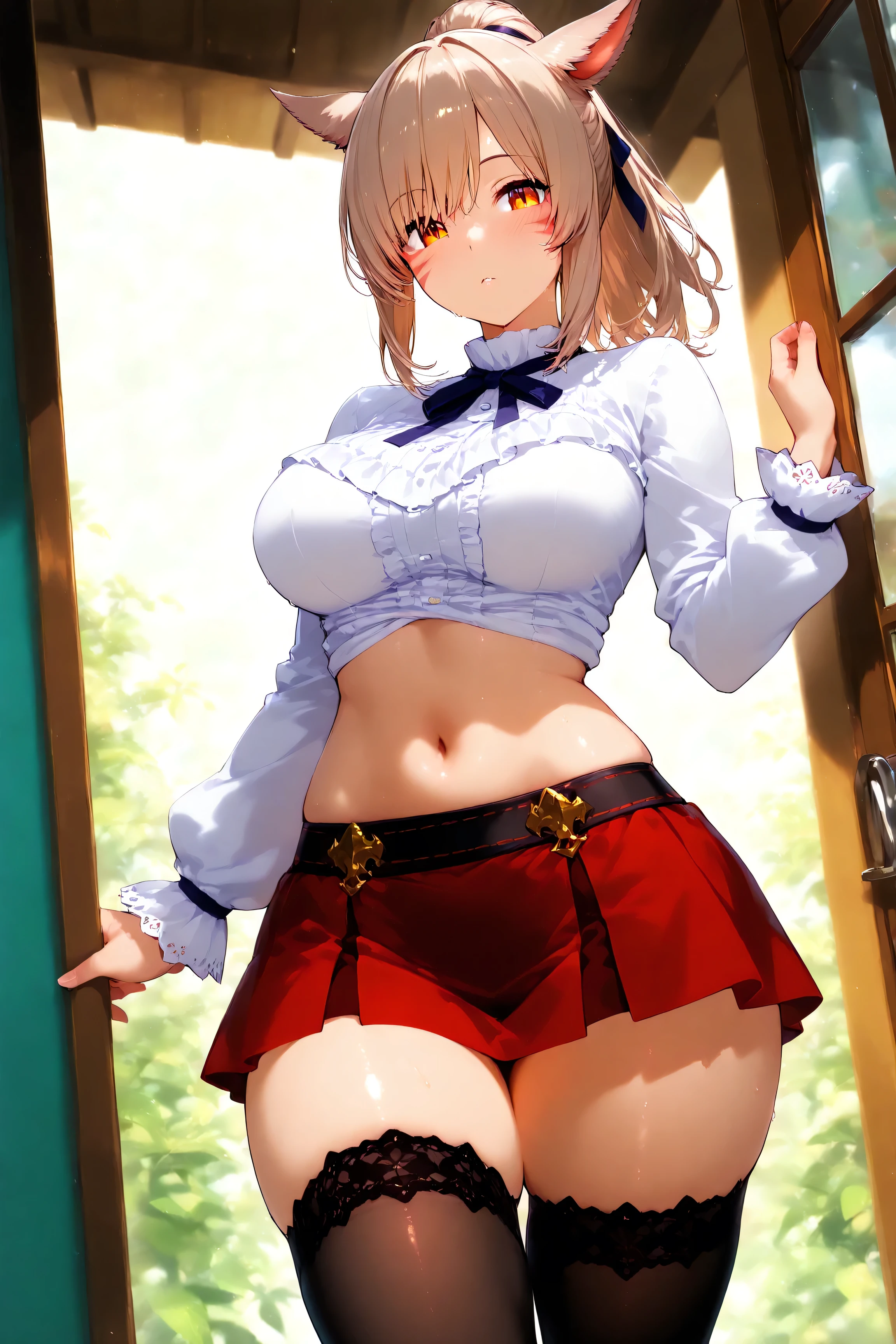 1 girl, riser, ((White school uniform)), red bow tie, ((blush:1.2)), huge breasts, Naughty big breasts, ((side boob:1.3)), black mini skirt, ((long slender legs)), ((thin waist)), thighs, beret, cowboy shot, Beautiful woman, pretty face, squint your eyes,  Curvaceous, feel shy, sexy pose, ((skirt that rolls up:1.3)), ((Exposed white panties:1.4)), ((View from below:1.3))