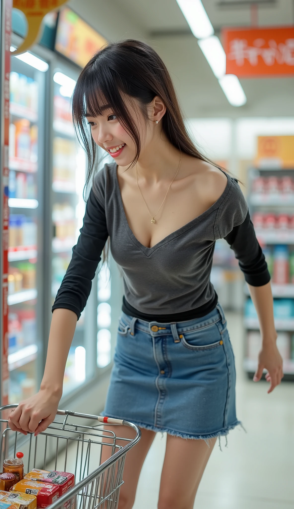 (photo:1.3),portrait photo,Masterpiece, nsfw,8k,photo realistic,full body shot,shooting from knee level,bent over,leaning forward,sweet sister,ceiling light,(1 girl, slender body, flat chest, Wide pelvis, Small Ass, toned limb,off shoulder),( 12yo Janese girl , 148 cm tall,pale skin), (Long Sleeve Tight Teeshirt,deep v-necked,short length T-shirt, Sleeves are black,Body is gray, Blue Denim tight Mini Skirt) ,shopping in convenience store,bright lighting,black hair, ((Highlight Hair,Honey Brown Streak Hair)), Straight medium low Ponytail with Bangs ,(Young Face, cool face, Droopy eyes, hazel eyes, happy smiling ), Converse sneakers, leaning forward, bent over,85mm, Official AR RAW Photos ,(realistic, ultra detail ), best quality,chromatic aberration,anatomically correct , textured skin 、shopping basket