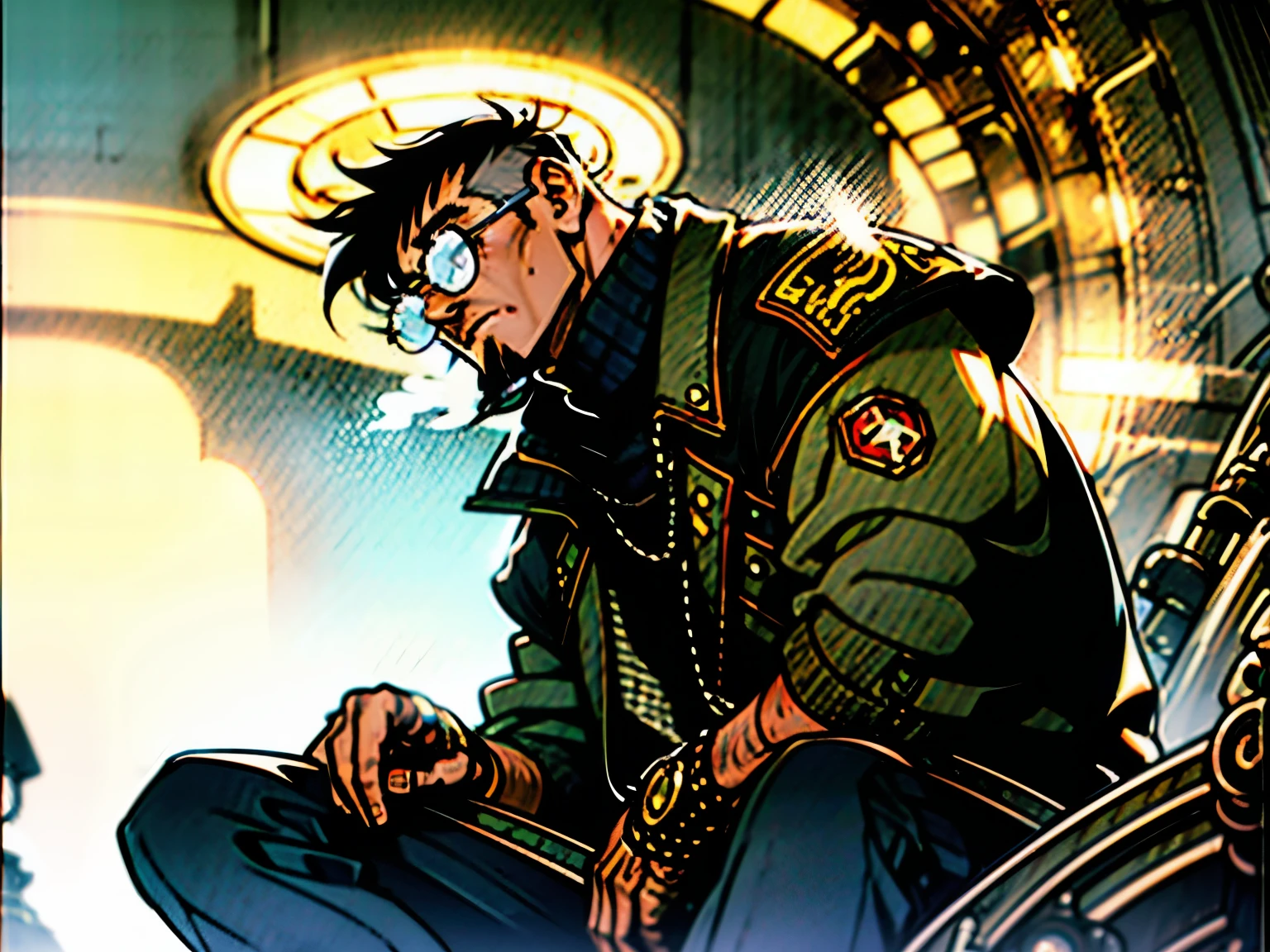 man, medium hair, steampunk glasses , Steam punk style reddish clothing, in front , man