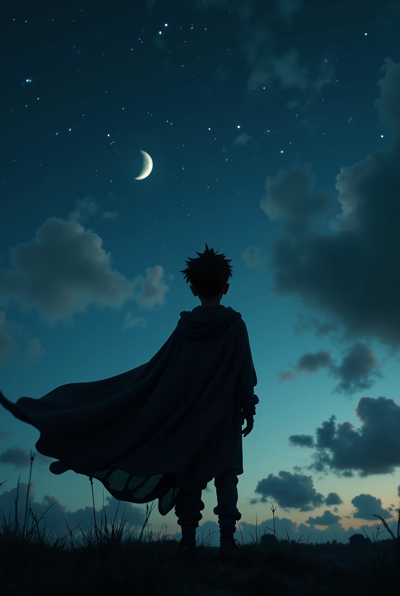 The silhouette of a boy with his back , wearing a cloak over the wind , is all dark except the starry sky, waning moon, bottom-up photo, few clouds , cinematic photo