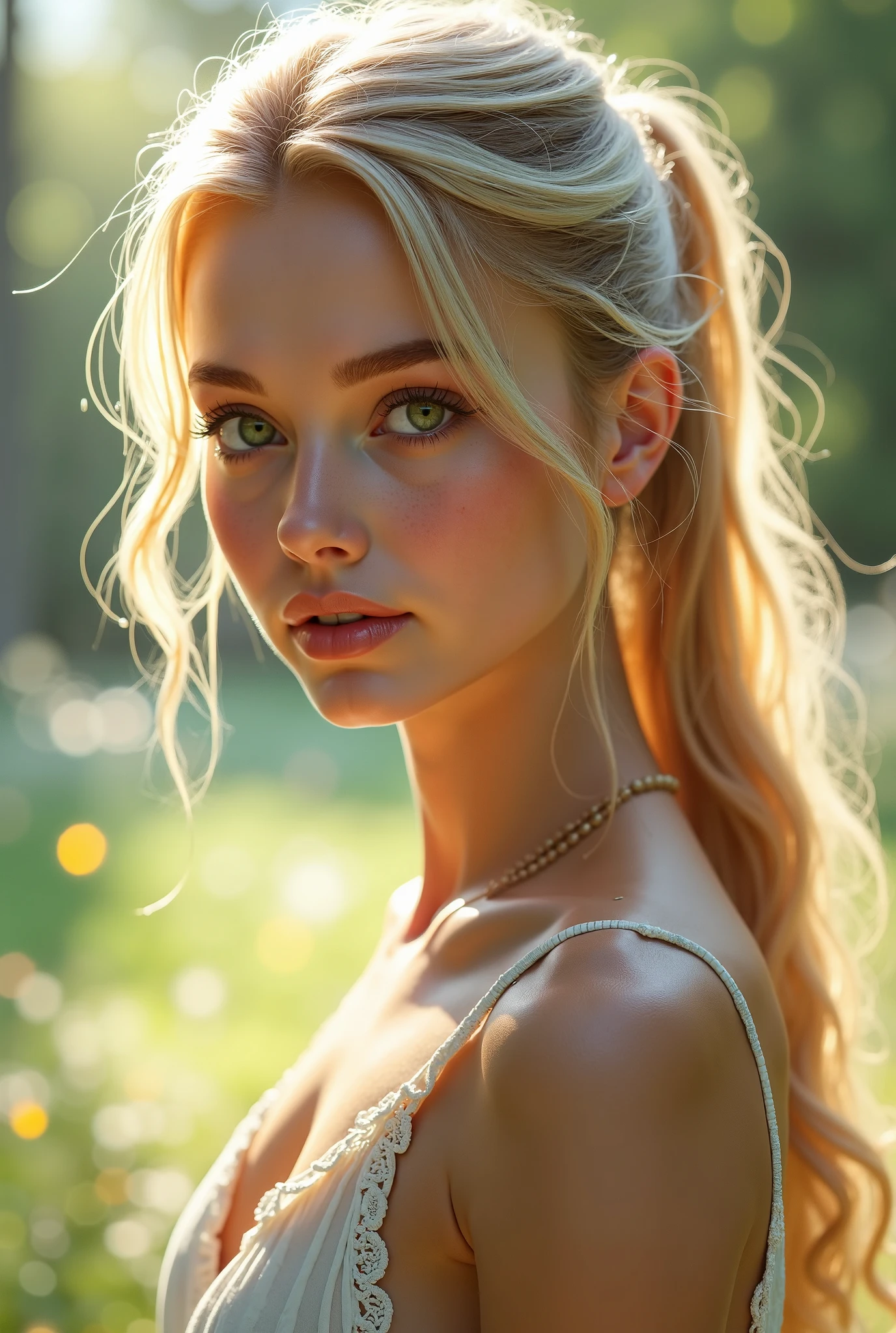 of the highest quality, masterpiece, ultra high resolution, (realist:1.4), RAW Photos, 1 girl, 2,((Passionate honey blonde hair)), realist,Image Media Chest)) (masterpiece, Best Quality:1.2), Alone, Exceptional profile photo, masterpiece, drawn with great precision Symmetrical with balanced features. defined cheekbones, proportionate nose and full lips. Expressive eyes or framed by long eyelashes. clear skin, Suave, uniform and radiant A slender but curvy figure. well defined waist, Proportionate hips, Subtle muscle toning. ((Light green eyes)), hair tied in a high ponytail