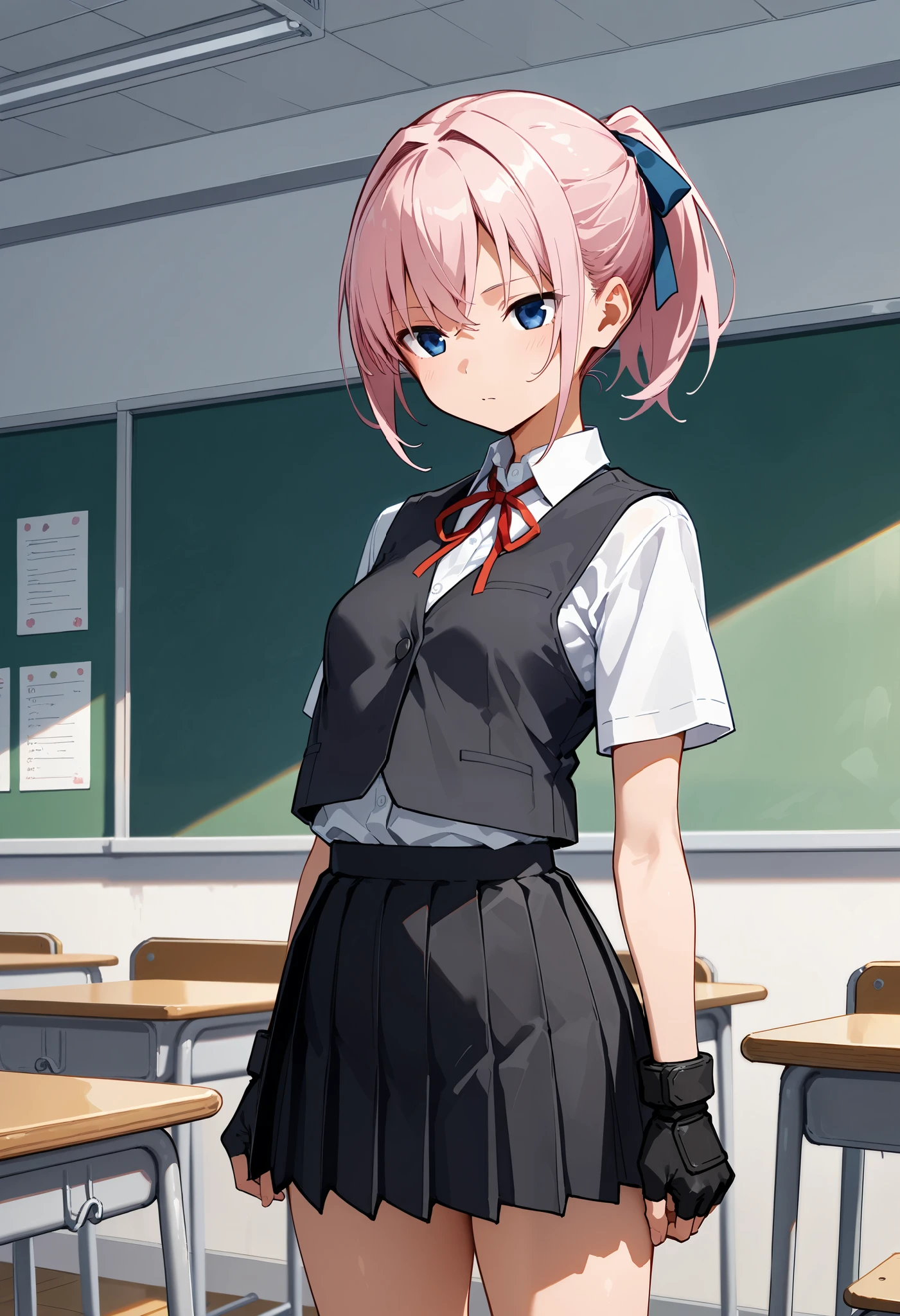 best quality , Masterpiece, high resolution, Alone, 1 girl,{shiranui_kantaicollection:1.15}, Classroom Background, school uniform,vest,hair_ribbon,,neck_ribbon,red_ribbon, pink_hair,(Blue Eyes), fingerless_ gloves, pleated skirt, ponytail, white shirt,,黒 gloves, short_ sleeve , black skirt, shorthair,,,,( spats), small breasts, Thin Waist , perfect proportions with spikes, slender body, well-balanced body