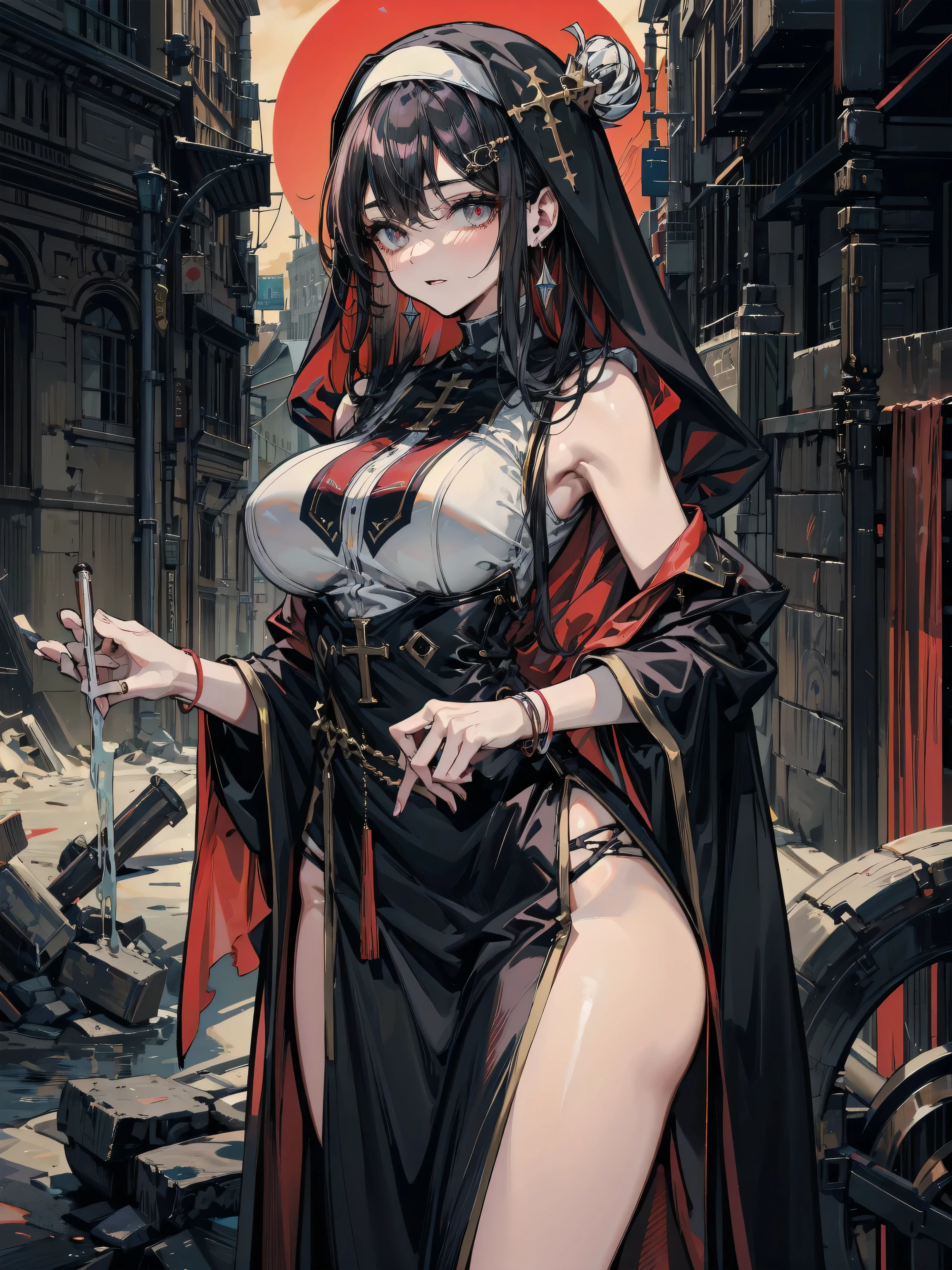 Selena, a 62 meter tall vampire queen, emerges from his castle at dusk, her pale, luminous skin shining under the moonlight. Her long black hair falls in cascades over her shoulders and back.. standing on a hill, Her posture is powerful and seductive., with one leg slightly forward and one hand caressing his neck. His crimson eyes, full of desire and hunger, They look at the tiny humans at their feet, hypnotized by his supernatural presence. His red lips curl into a lascivious smile., and her perfectly sculpted body radiates an aura of vampiric eroticism, enveloping everyone present in a spell of submission and eternal desire.